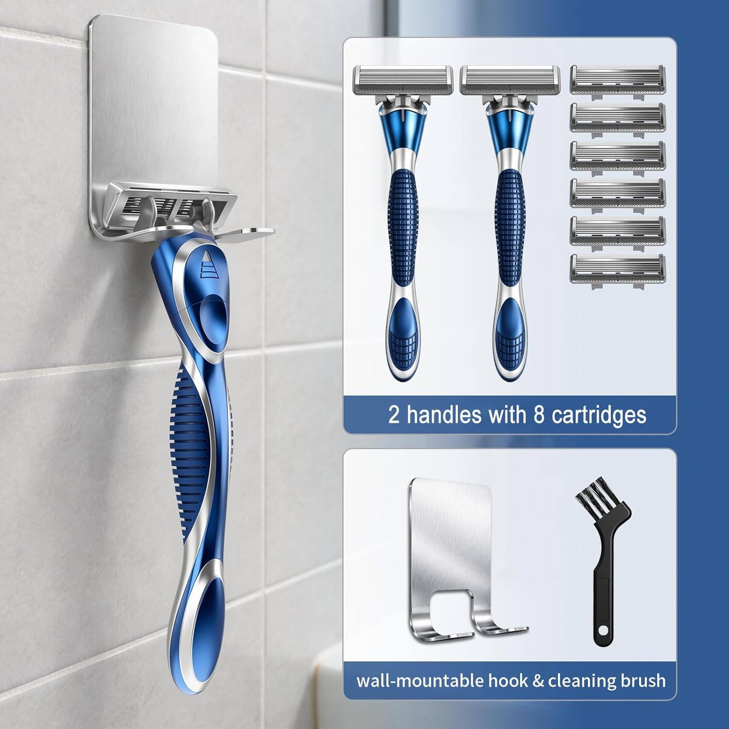 2 handles with 8 cartridges  
wall-mountable hook & cleaning brush