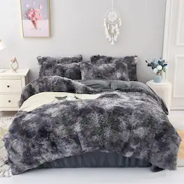 Comfort Essence - Faux Plush Dark Comforter Cover Duvet Twinfull Bed Set Ultra Soft Shaggy Flannel Fluffy Fuzzy - Z-black-white-Full/Queen