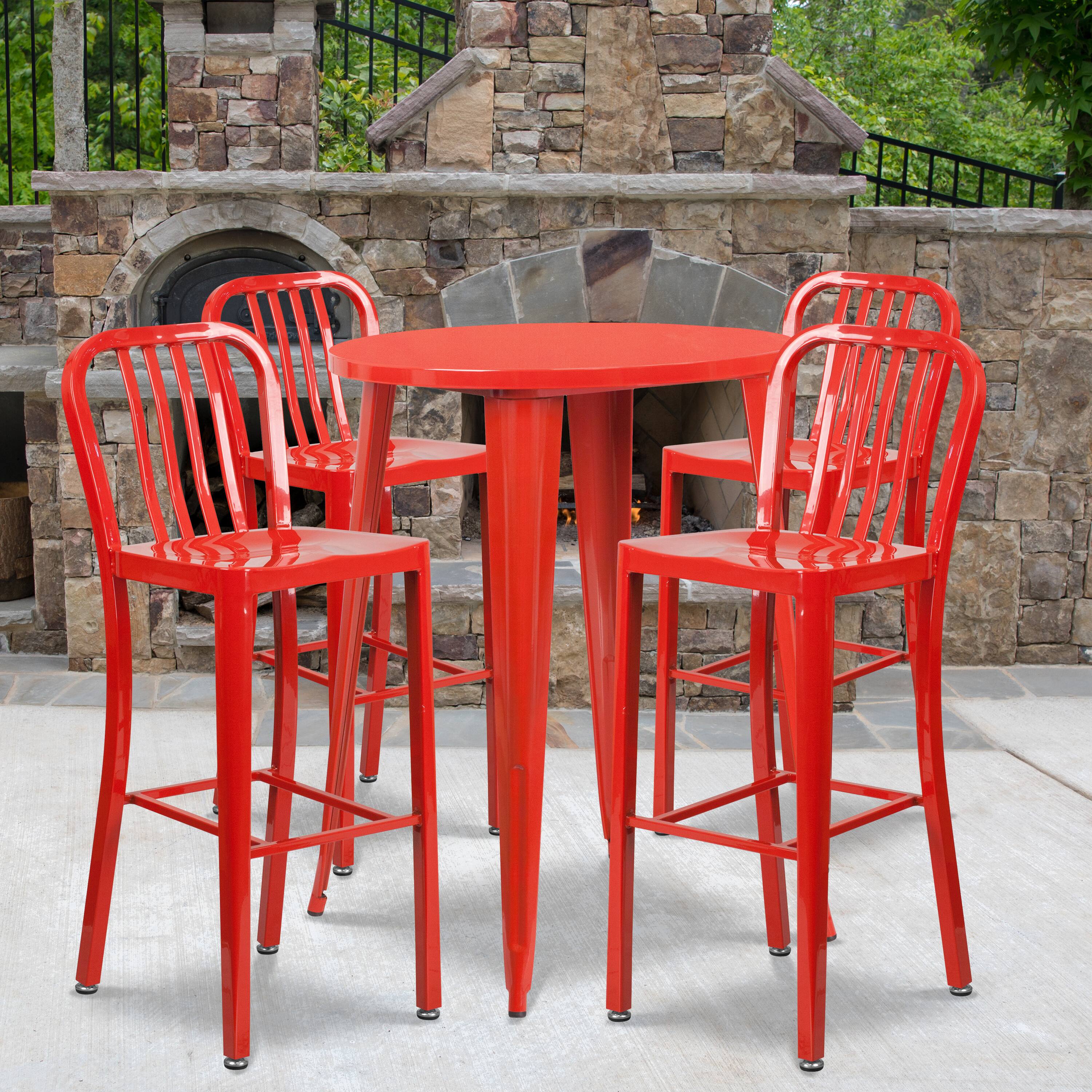 Alt View 1. Emma + Oliver - Commercial 30" Round Metal Indoor-Outdoor Bar Table Set & 4 Slat Back Stools - Red.
