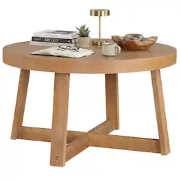 Gymax - 30'' Round Coffee Table w/Solid Wood Cross-Shaped Base.Farmhouse Accent Tea Table - Yellow