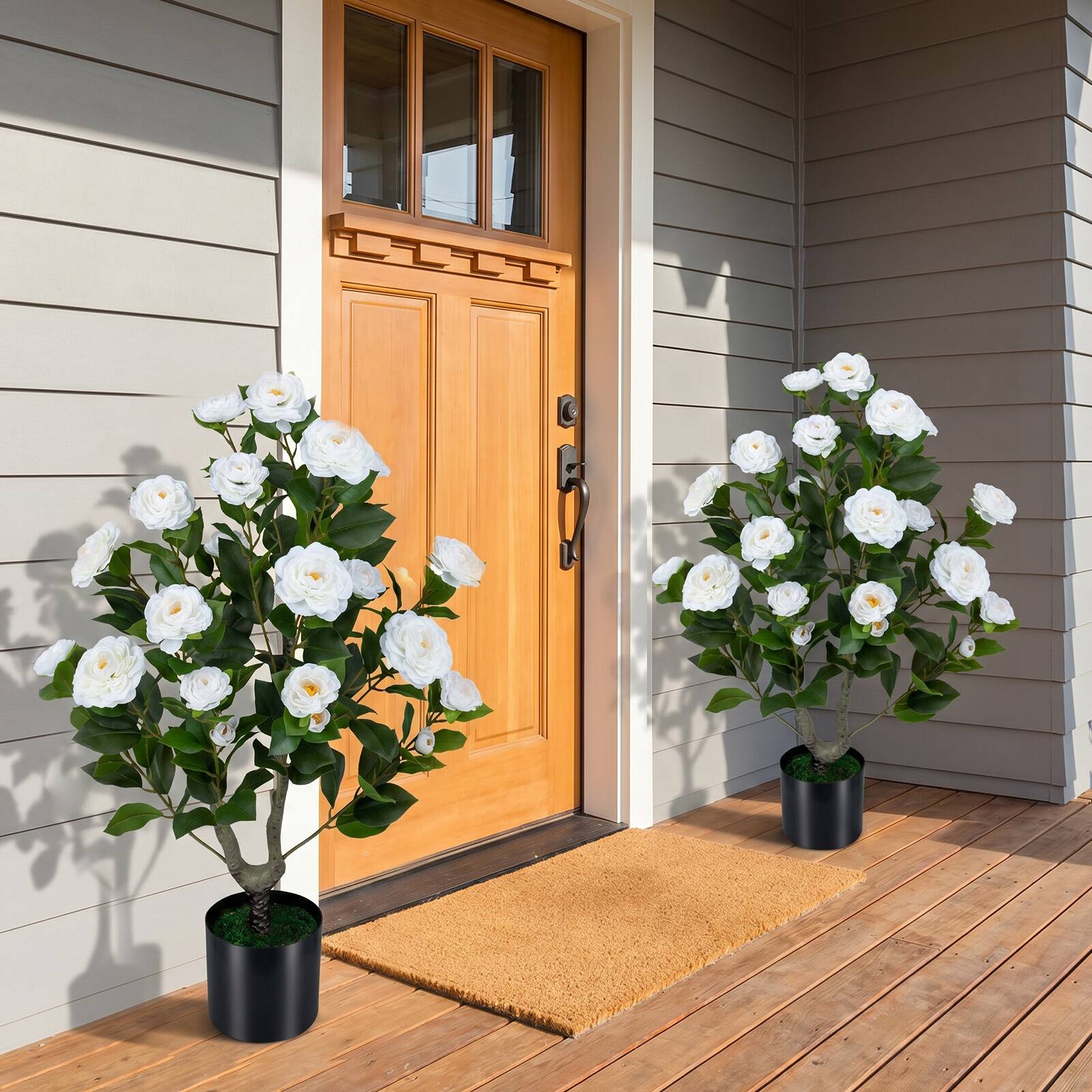 Alt View 3. Costway - Costway Artificial Camellia Tree, 35.5" Faux Flower Plant in Cement-Filled Pot for Home - White & Green & Black.