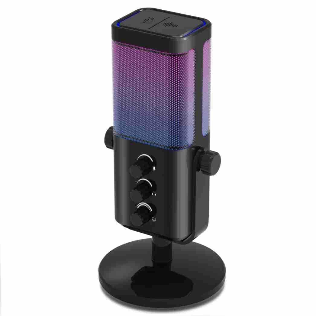 Cluzine - RGB Microphone USB Condenser Mic Noise Cancelling for Gaming Live Streaming PC Recording - Black