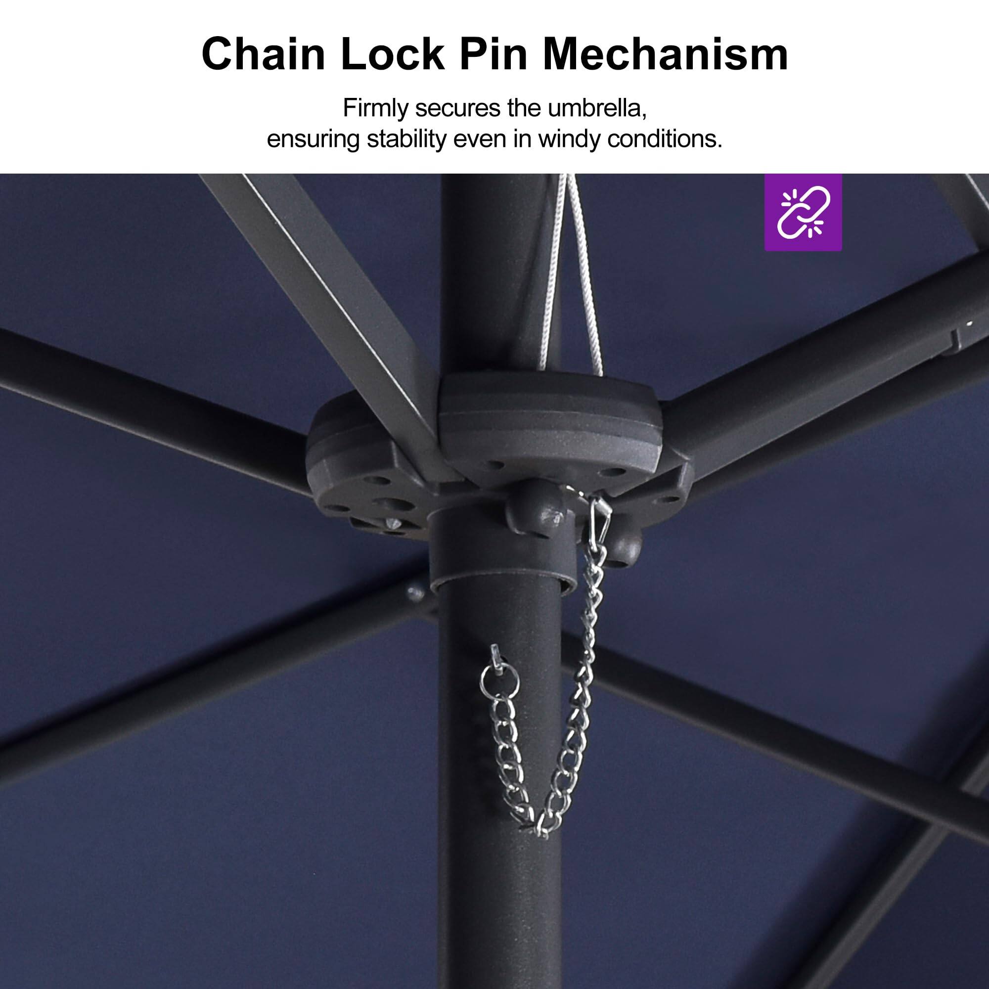 Chain Lock Pin Mechanism  
Firmly secures the umbrella, ensuring stability even in windy conditions.