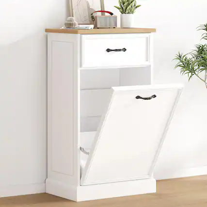 Front. Jojoka - Tilt-Out Trash Cabinet, 10 Gallon Hidden Garbage Bin Organizer with Storage Drawers - White.