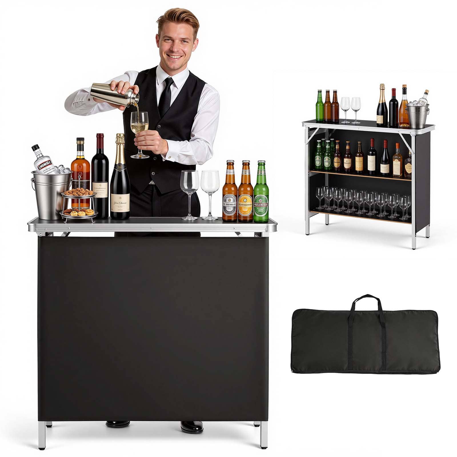 VEVOR - Folding Portable Bar Table, 38.6 x 15.2 x 34.3 in, with Carry Bag, Storage Shelf, and Detachable Skirt, Quick and Easy - Black price history on PriceWatchPro