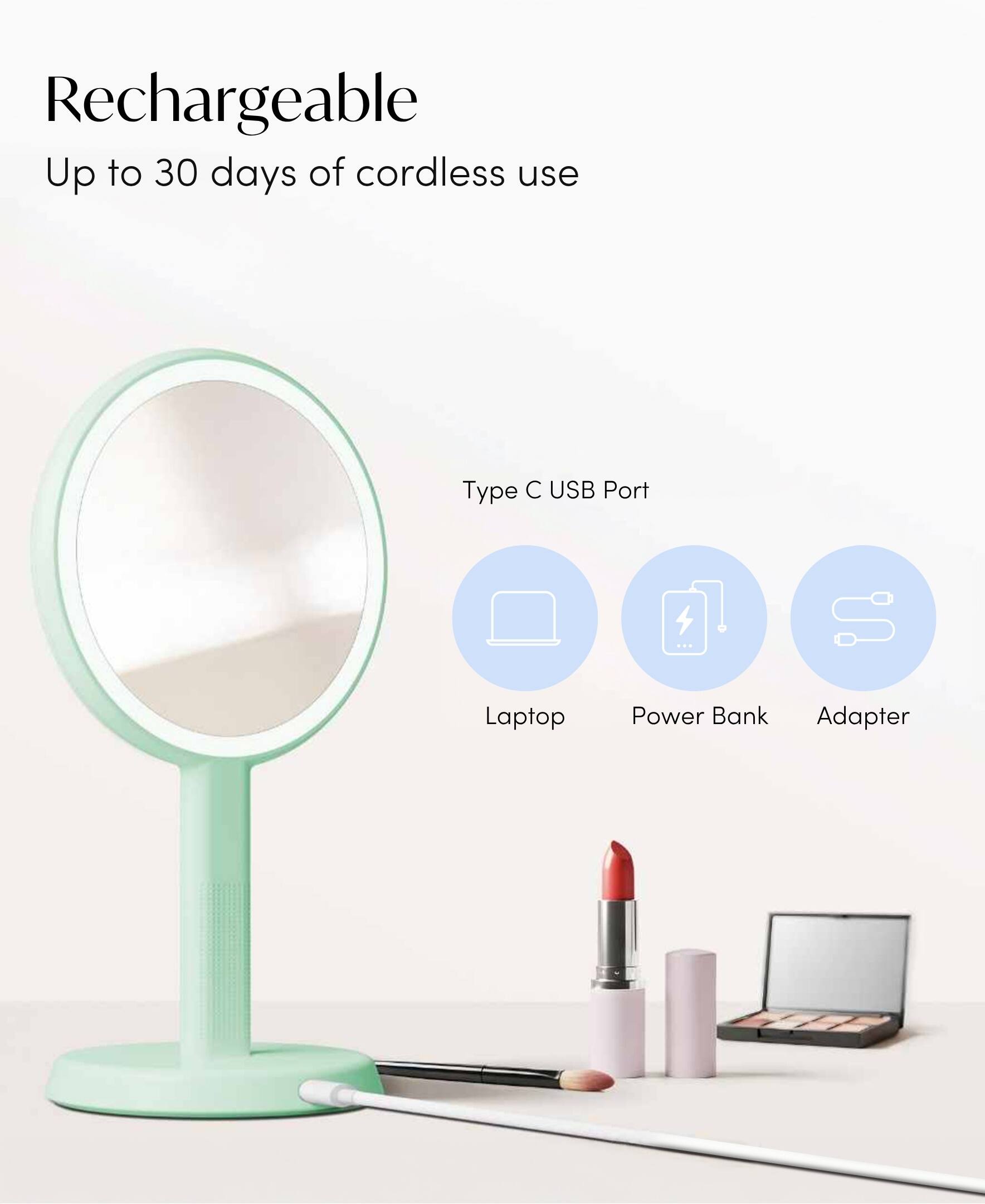 Rechargeable  
Up to 30 days of cordless use  

Type C USB Port  
Laptop  
Power Bank  
Adapter