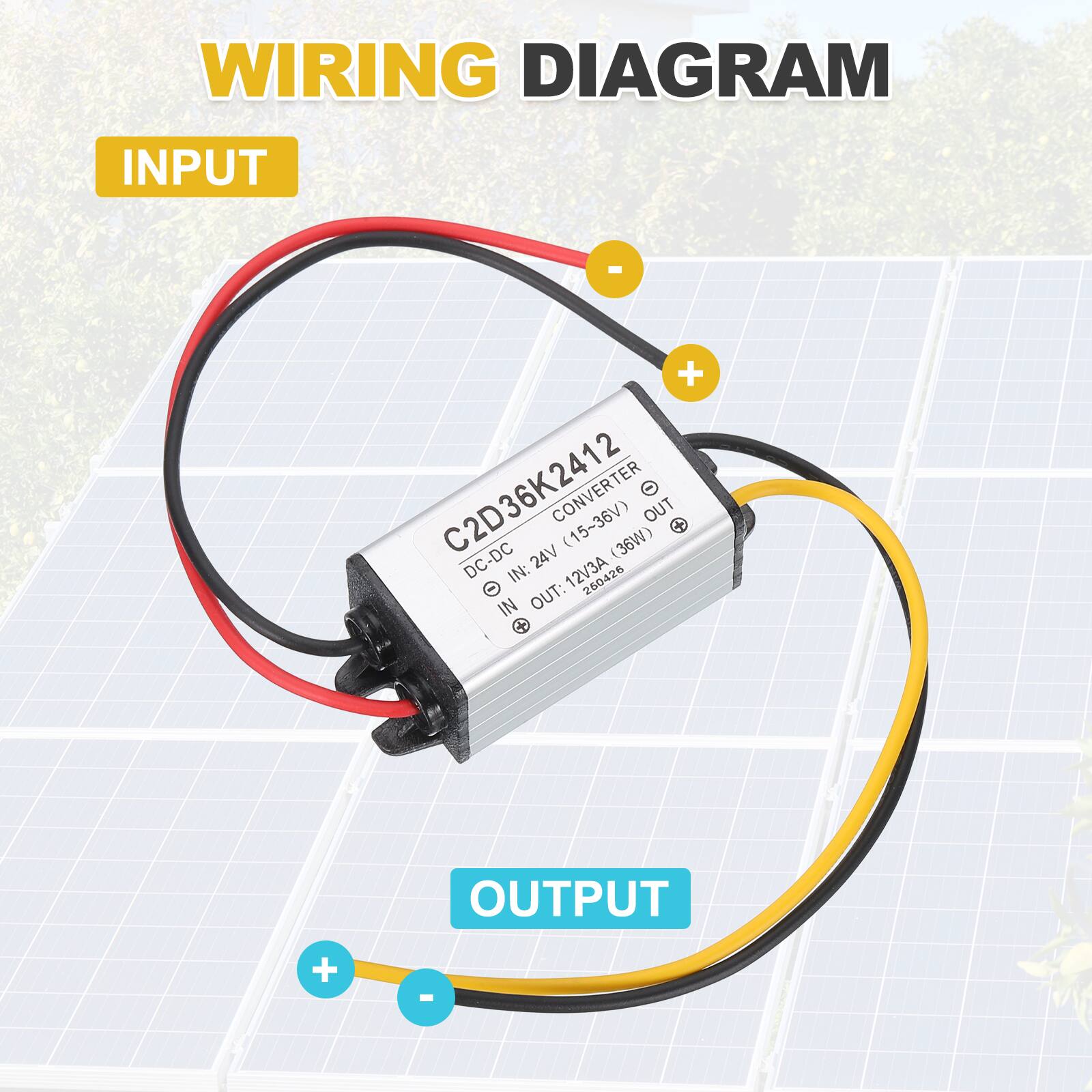 WIRING DIAGRAM

INPUT

C2D36K2412 CONVERTER - (15-36V) DC-DC 24V (36W)

IN: 12V3A

OUTPUT

OUT: 24V 1.5A