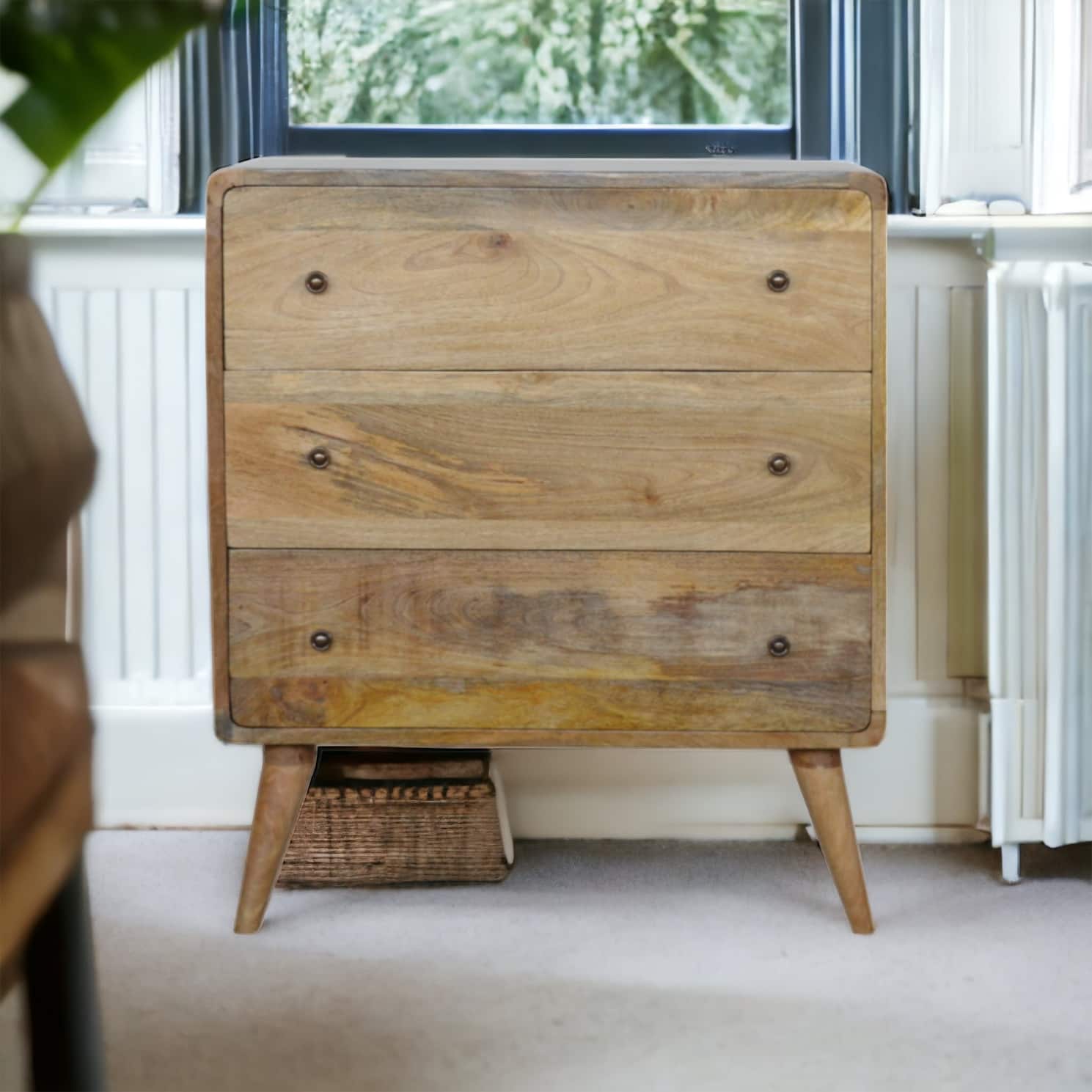 Artisan Furniture - Solid Wood Curved Oak-ish Chest, 3 Drawers, Beige - Light Brown/Oak-ish