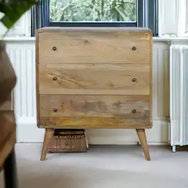 Artisan Furniture - Solid Wood Curved Oak-ish Chest, 3 Drawers, Beige - Light Brown/Oak-ish