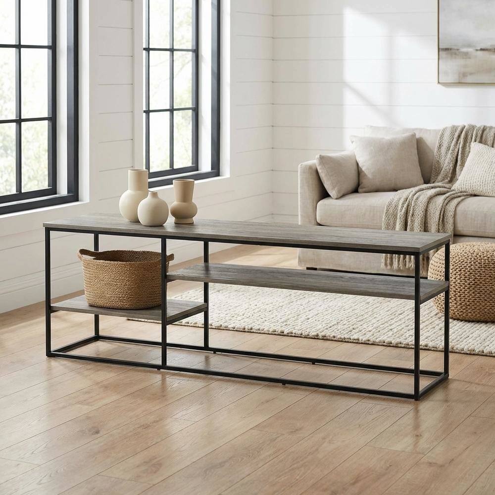 Alt View 1. FurniFact - French Oak Grey Wood TV Stand for Up to 78-Inch Screens with Storage Space - Gold.