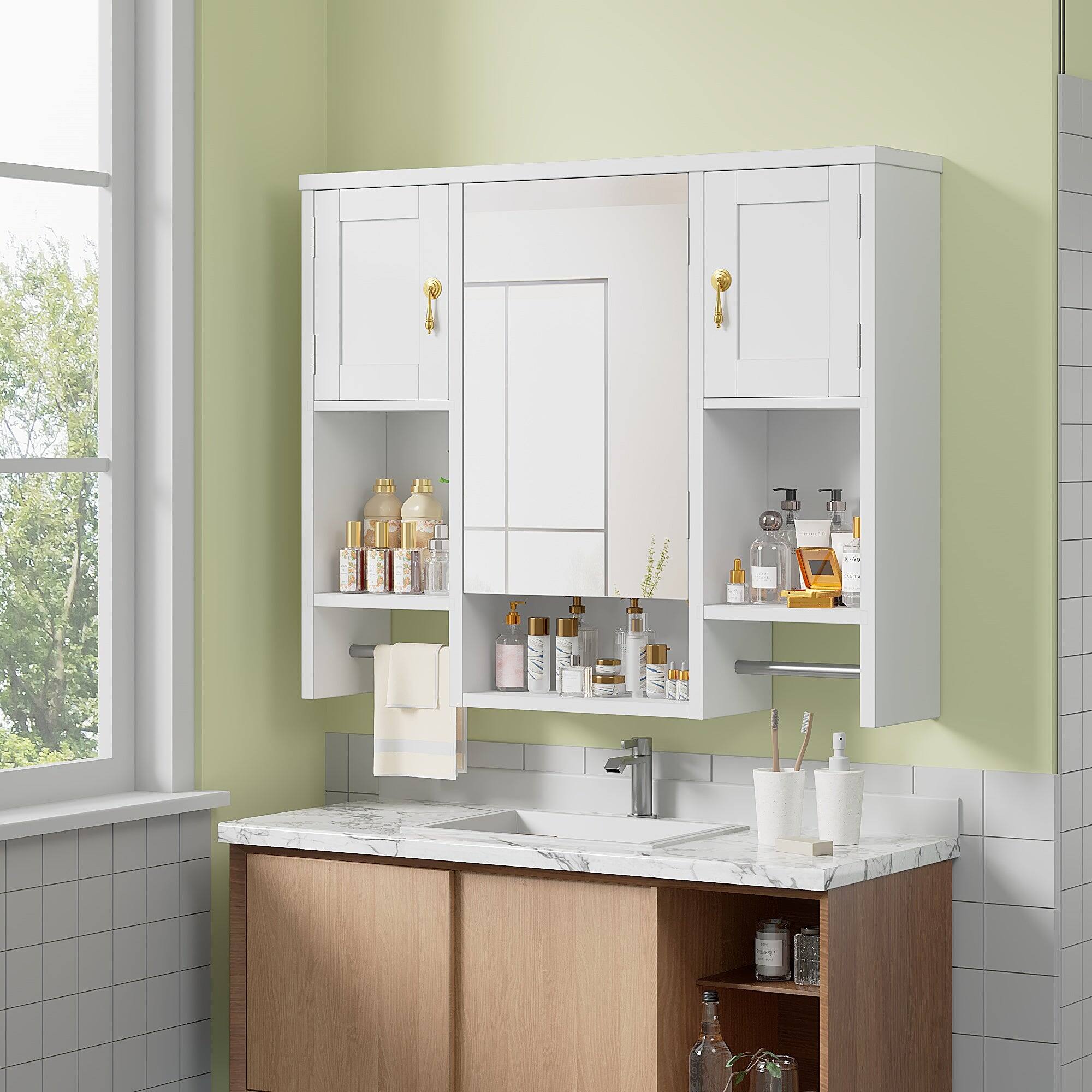 Vecelo - Medicine Cabinet with Mirror & Adjustable Shelves - Bathroom Wall Cabinet with Towel Racks, Hidden Storage Organizer - White