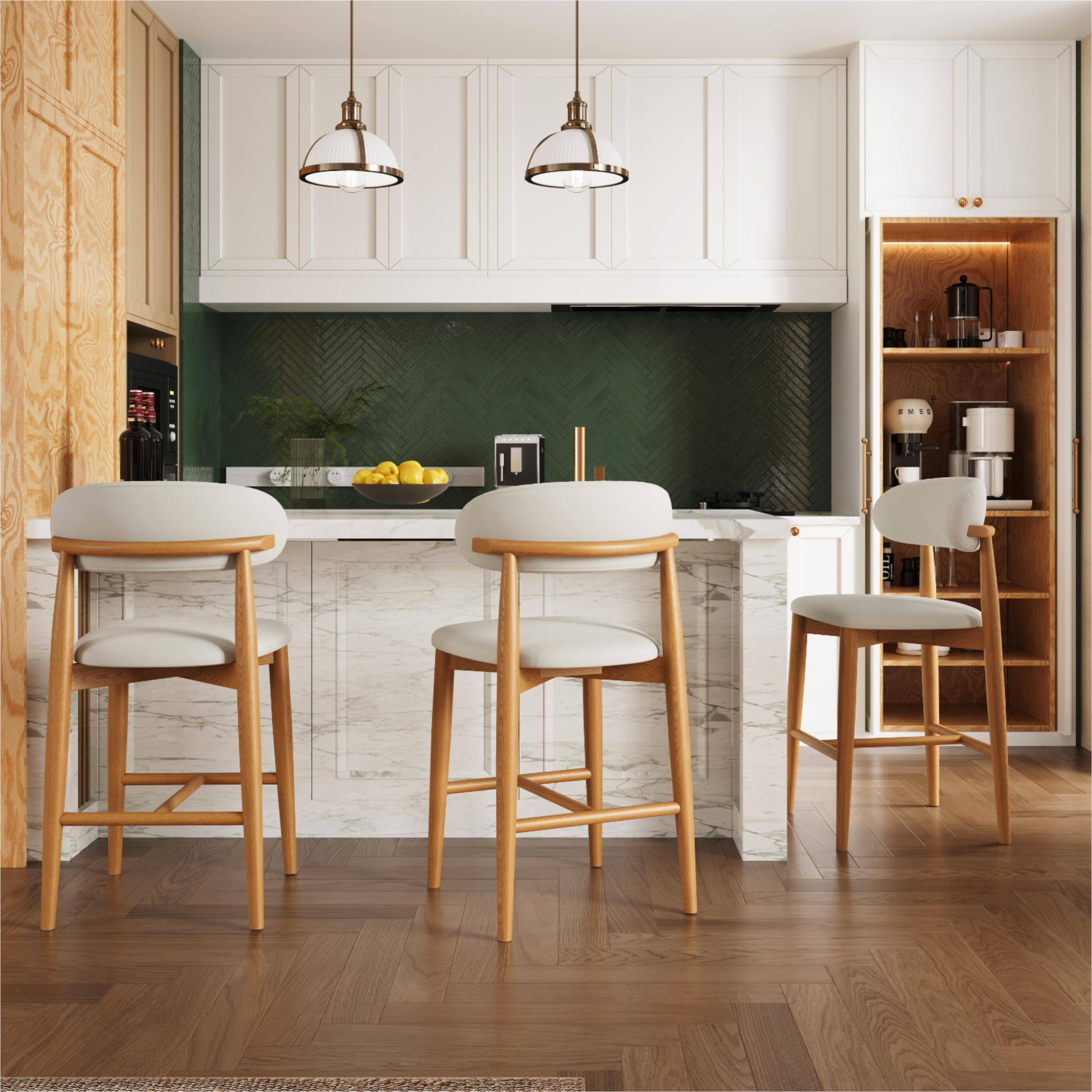 Angle. POVISON - 24" Modern Upholstered Counter Height Bar Stools Set of 2, Counter Stools for Breakfast Nook, Beige & Golden - Beige & Light Walnut PU Leather.