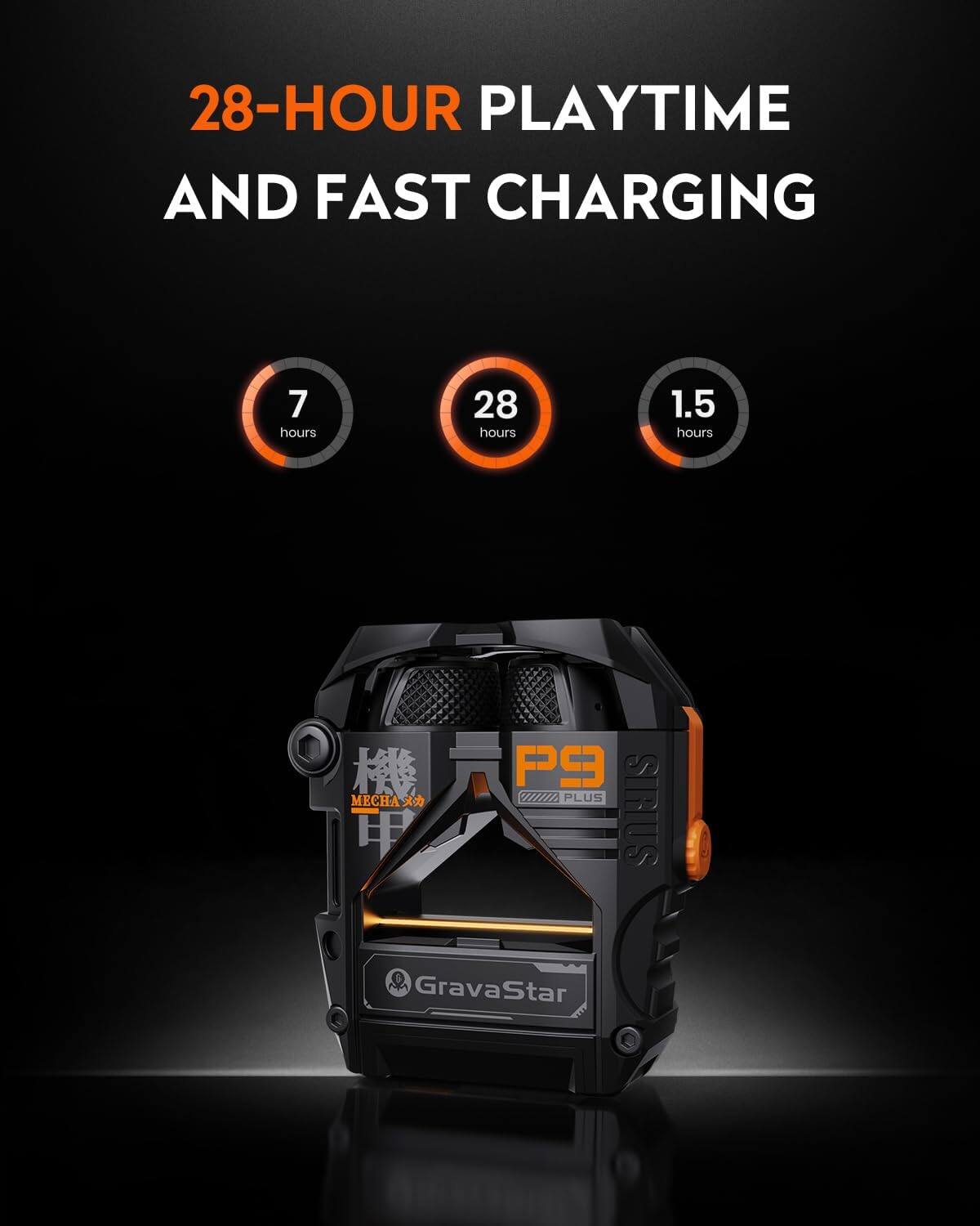28-HOUR PLAYTIME AND FAST CHARGING

7 hours
28 hours
1.5 hours

MECHA F P9 70ZZA PLUS SIRIUS GravaStar