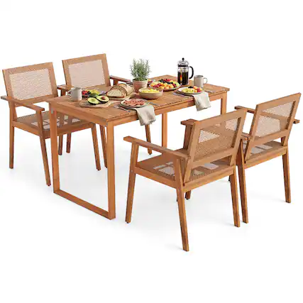 Front. Gymax - Gymax 5PCS Acacia Wood Dining Set Outdoor Table & Rattan Chairs for Balcony Poolside - Yellow.