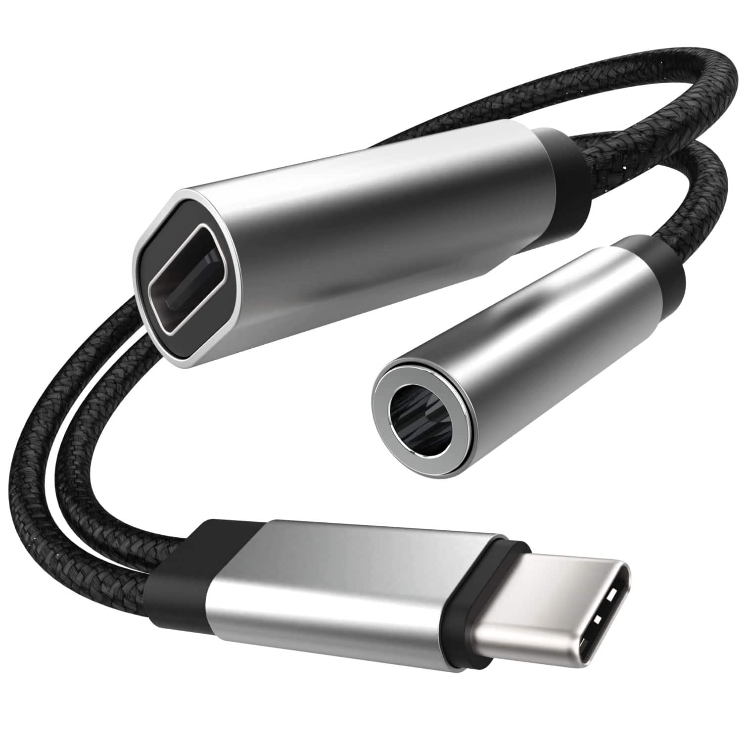 FosPower - USB C to 3.5mm Headphone and Charger Adapter, 6" USB-C to Aux Adapter & Type C Charging Cable for iPhone iPad Android - Silver