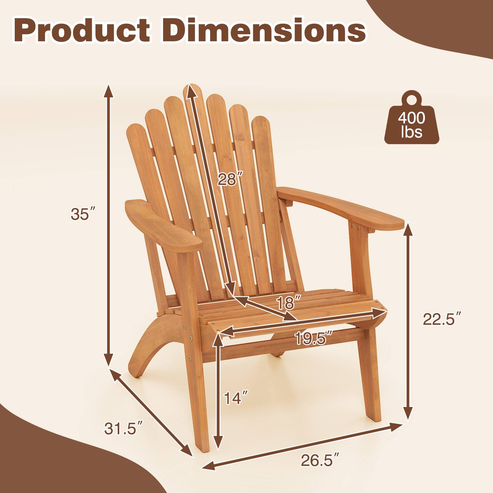 Product Dimensions: 400 lbs, 28", 35", 18", 19.5", 22.5", 31.5", 14", 26.5"