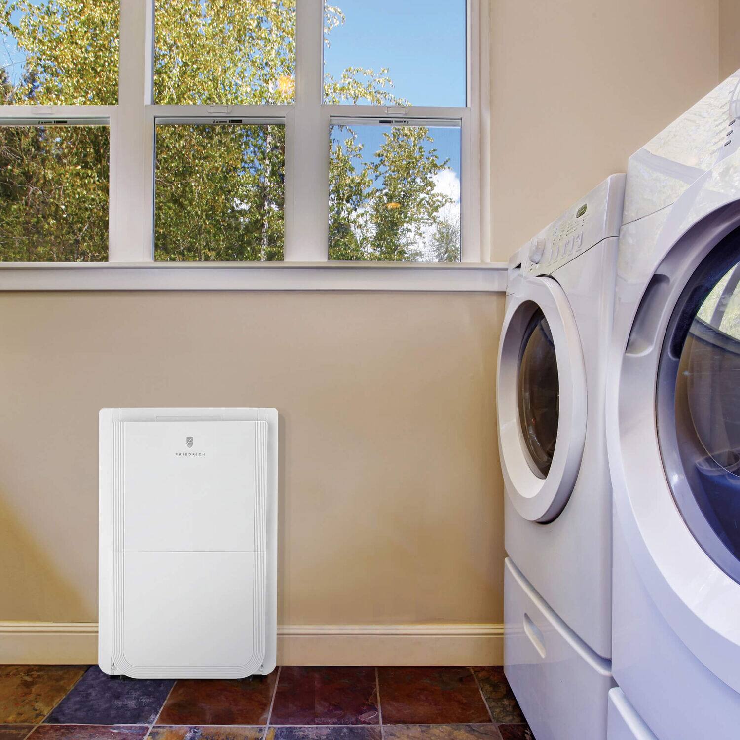 Left. Friedrich - 50-Pint Dehumidifier, 16-Pint Bucket Capacity - White.