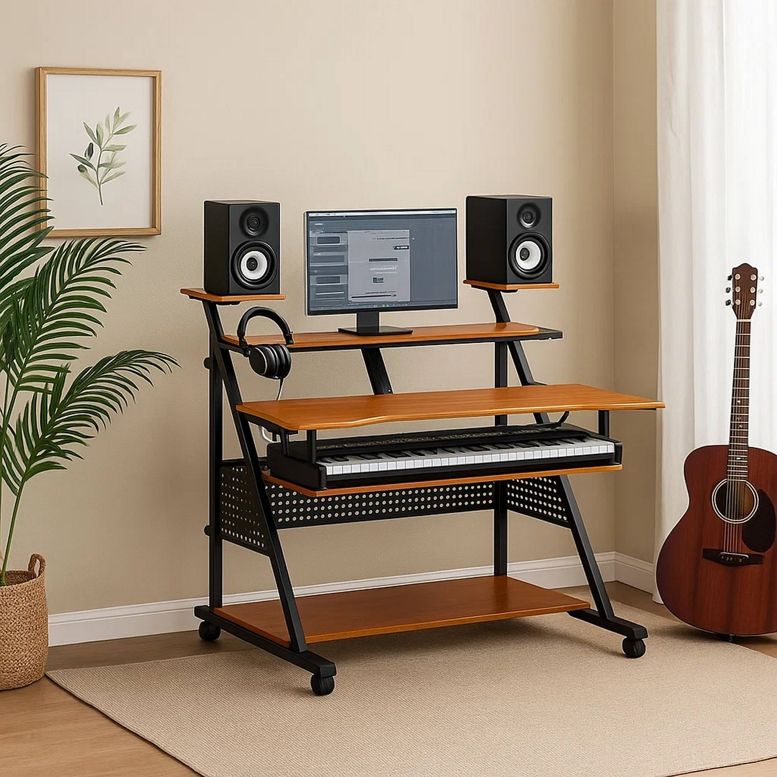 Alt View 3. Manhattan Lane - Gia 67 Inch Wood Music Desk Studio Station, Keyboard Tray Shelves, Walnut - Brown.
