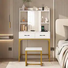 WELLFOR - Makeup Vanity Desk with Mirror Door Cabinet,Charging Station,2 Drawers and Matching Stool for Bedroom Dorm Apartment - White