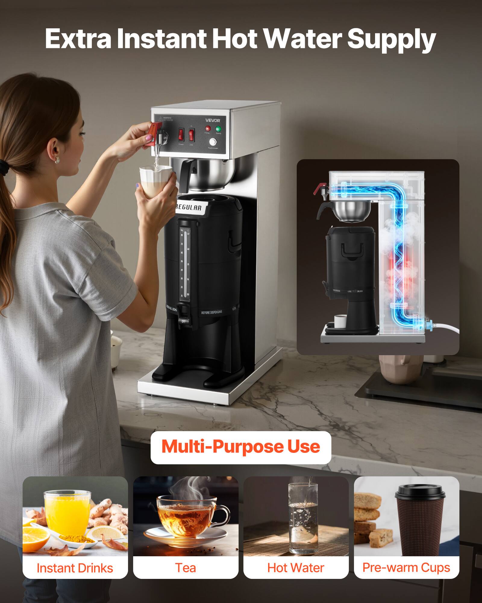 Extra Instant Hot Water Supply

VEVOR

REGULAR

Multi-Purpose Use

Instant Drinks

Tea

Hot Water

Pre-warm Cups