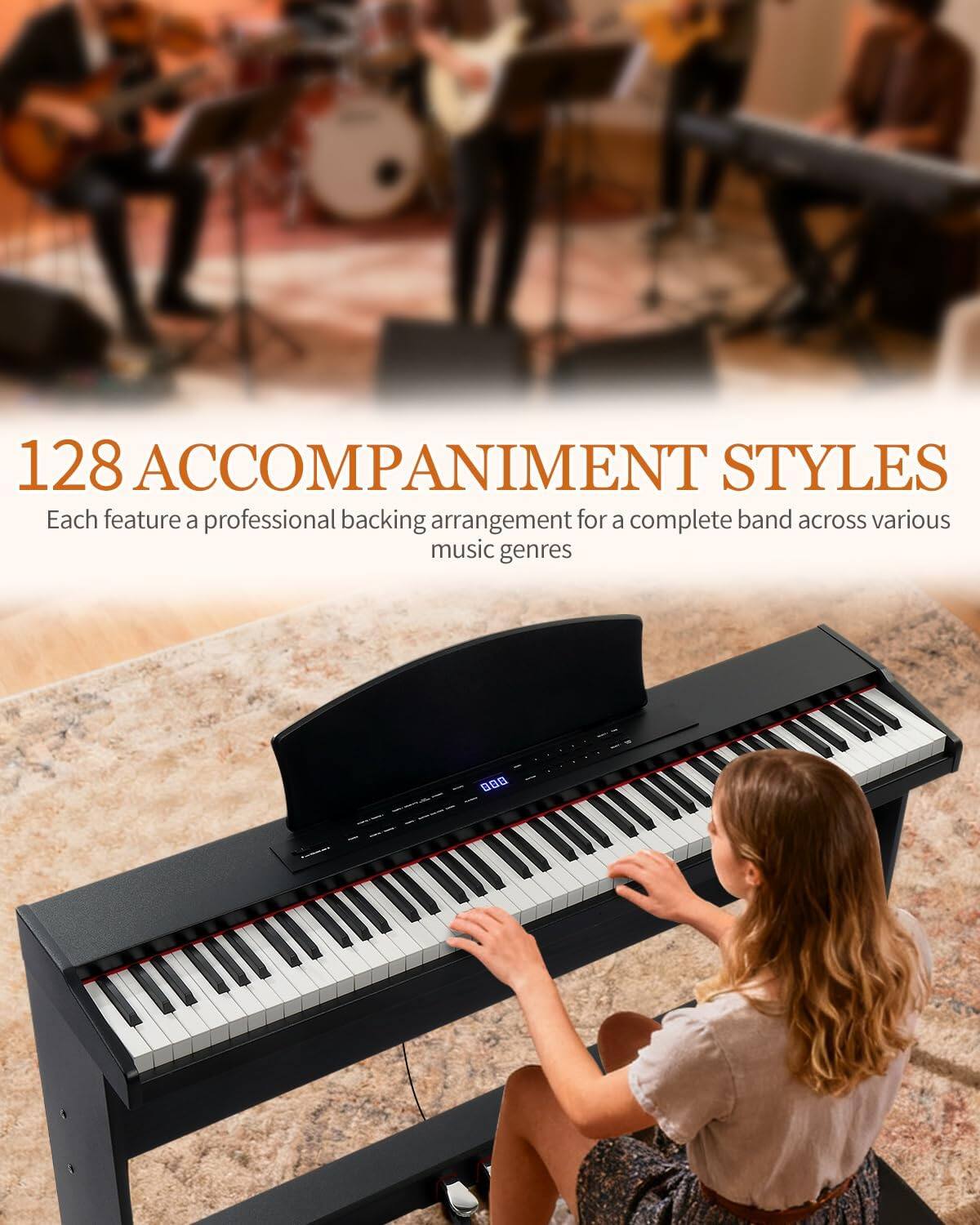 128 Accompaniment Styles  
Each feature a professional backing arrangement for a complete band across various music genres