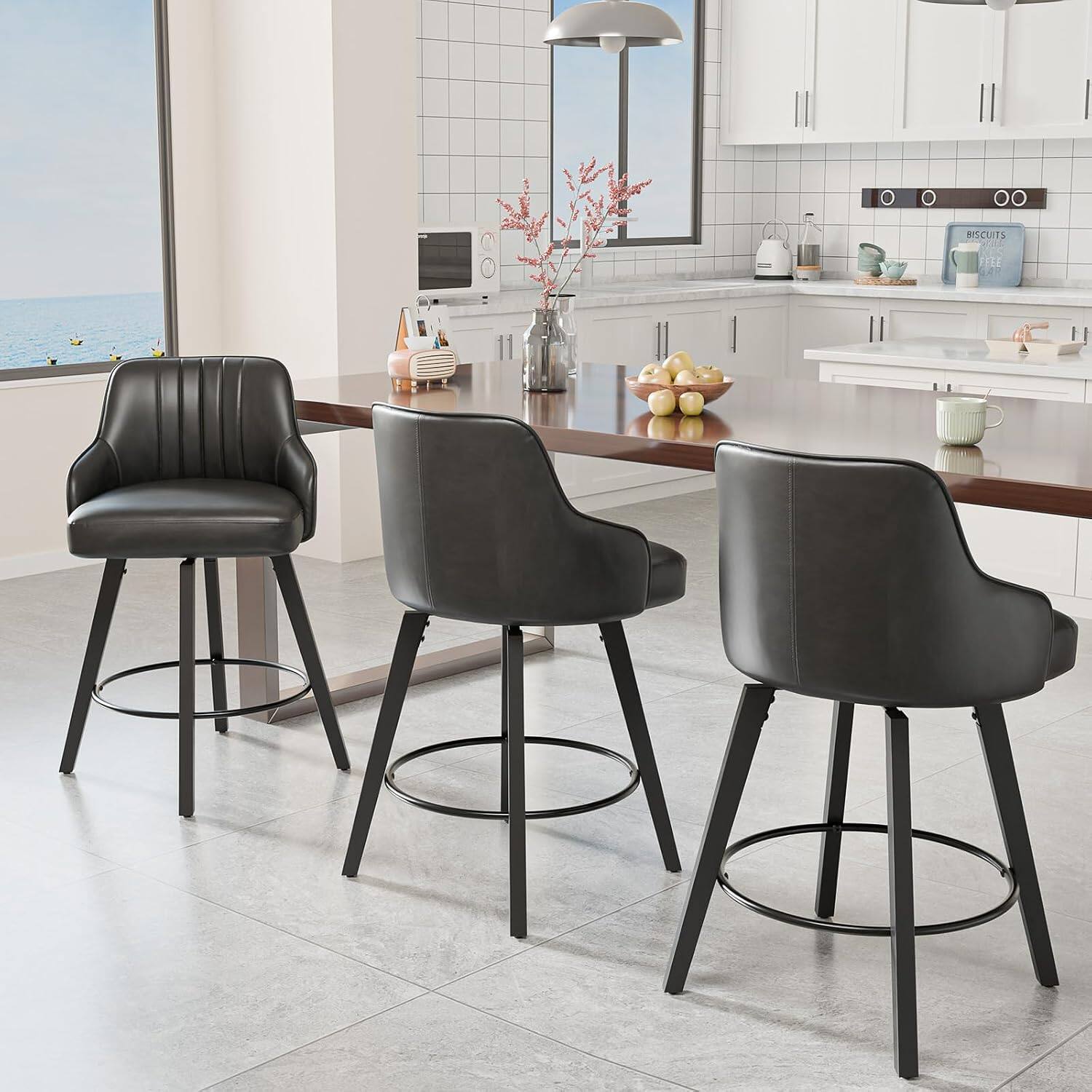 Alt View 5. Winado - 26" H Swivel Barstools Counter Height Bar Stool Modern Counter Stool with Back Kitchen High Chairs Solid Wood Legs - Black Pu-Set of 1.