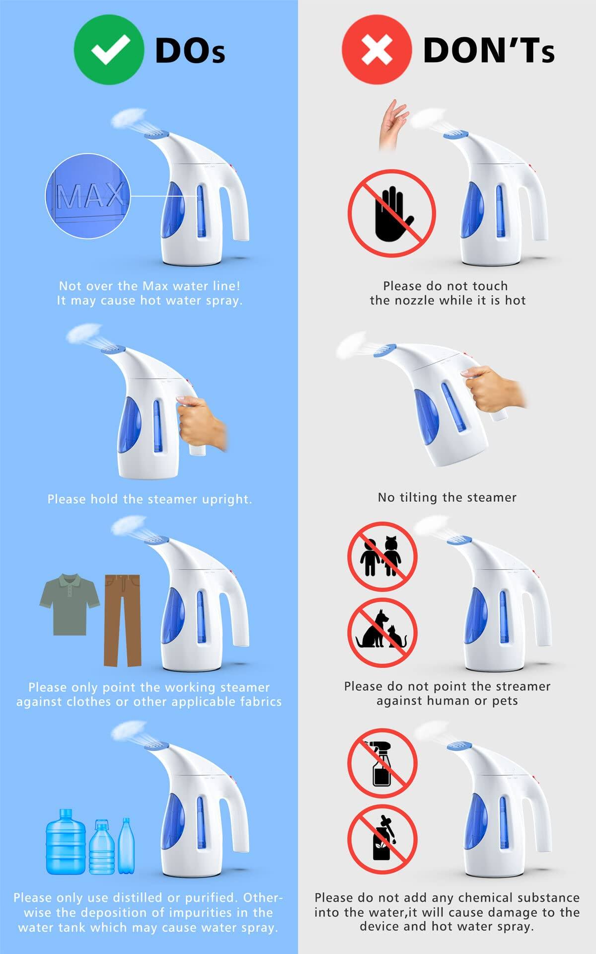 **DOs**

- Not over the Max water line! It may cause hot water spray.
- Please hold the steamer upright.
- Please only point the working steamer against clothes or other applicable fabrics.
- Please only use distilled or purified. Otherwise the deposition of impurities in the water tank which may cause water spray.

**DON'Ts**

- Please do not touch the nozzle while it is hot.
- No tilting the steamer.
- Please do not point the steamer against human or pets.
- Please do not add any chemical substance into the water, it will cause damage to the device and hot water spray.