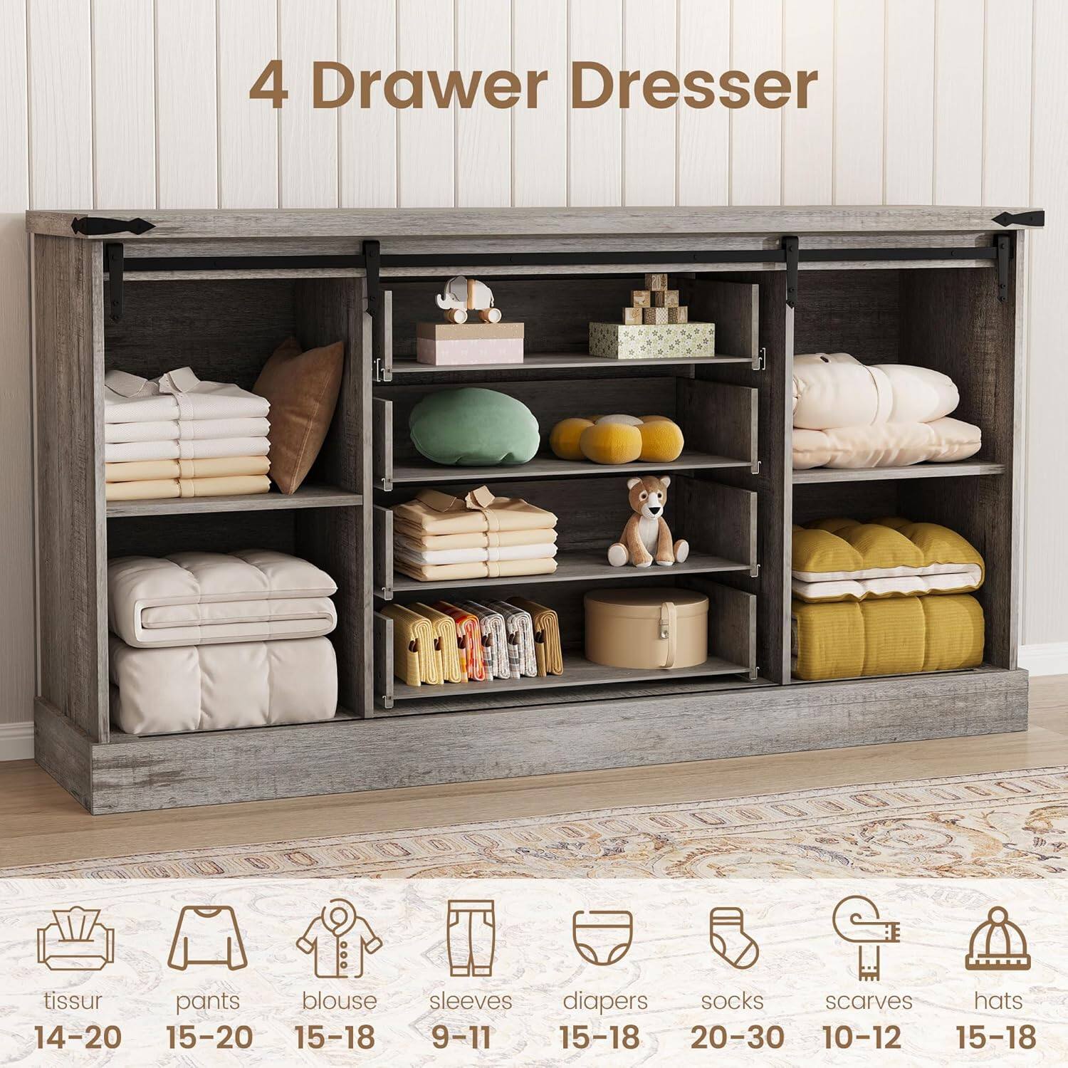 4 Drawer Dresser

tissur 14-20  
pants 15-20  
blouse 15-18  
sleeves 9-11  
diapers 15-18  
socks 20-30  
scarves 10-12  
hats 15-18
