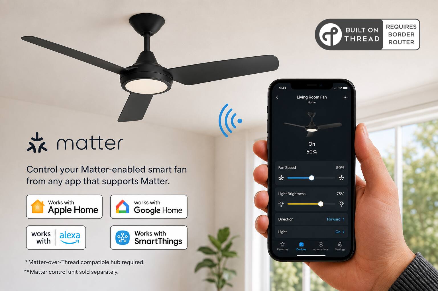 REQUIRES BUILT ON BORDER THREAD ROUTER

9:41

all

Living Room Fan Home

matter

Control your Matter-enabled smart fan from any app that supports Matter. Works with Apple Home Google Home

Fan Speed * Light Brightness Direction

50% 75% Forward

works alexa with

Works with SmartThings

Light Favorites

On Devices Automations Settings

*Matter-over-Thread compatible hub required. ** Matter control unit sold separately.