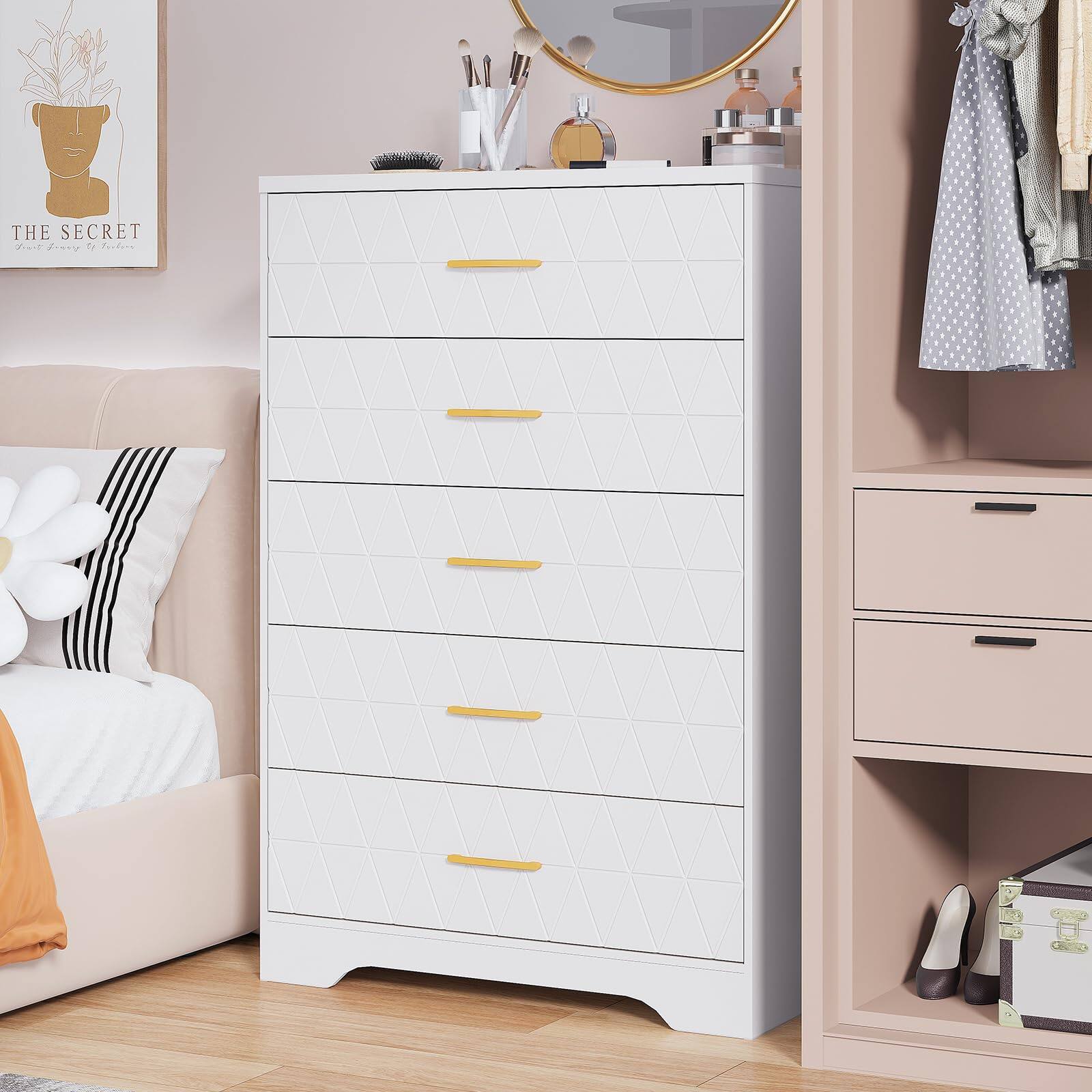 GARVEE 5 Drawer Tall Wood Dresser for Bedroom, Wooden Chest of Drawers ...
