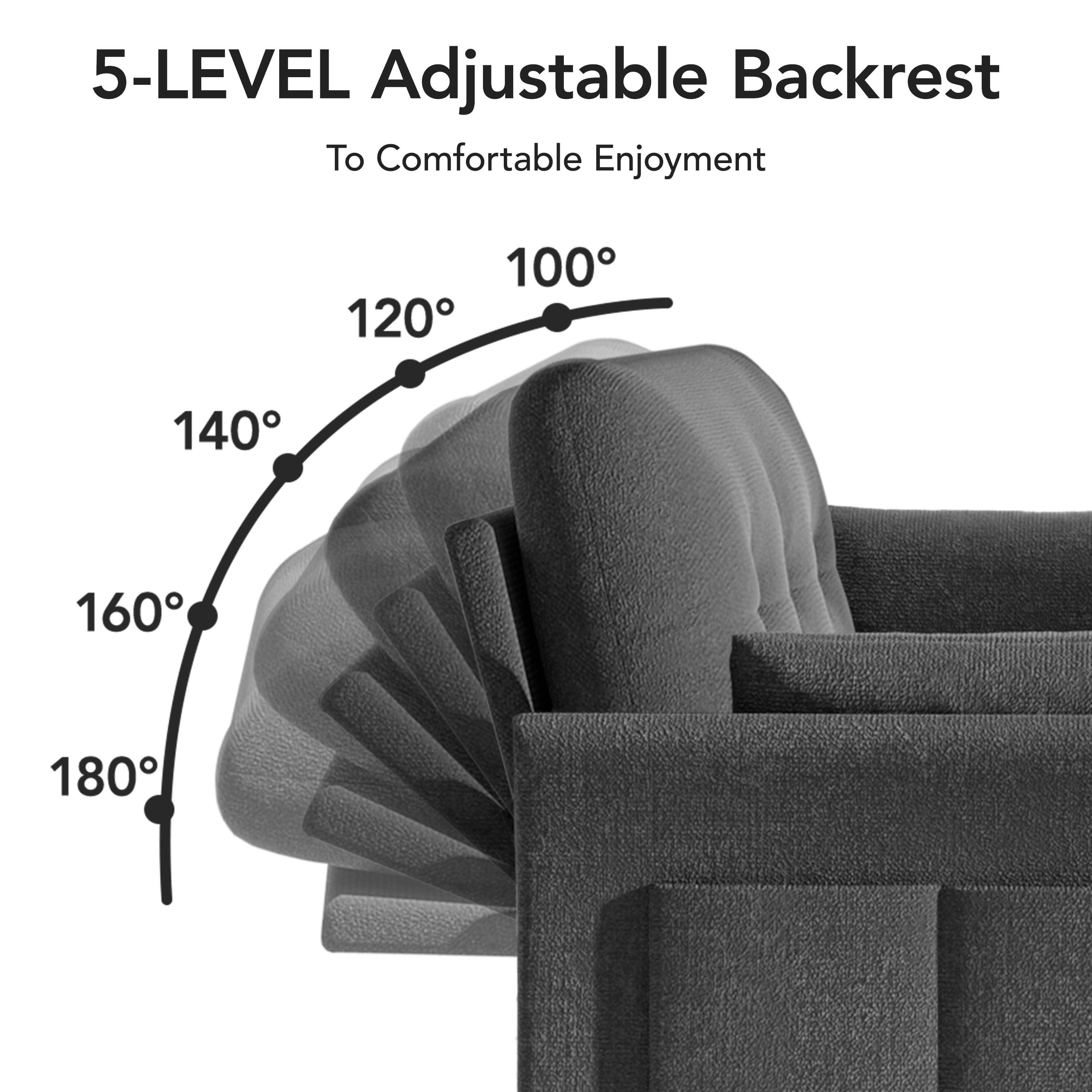 5-LEVEL Adjustable Backrest  
To Comfortable Enjoyment  
100° 120° 140° 160° 180°