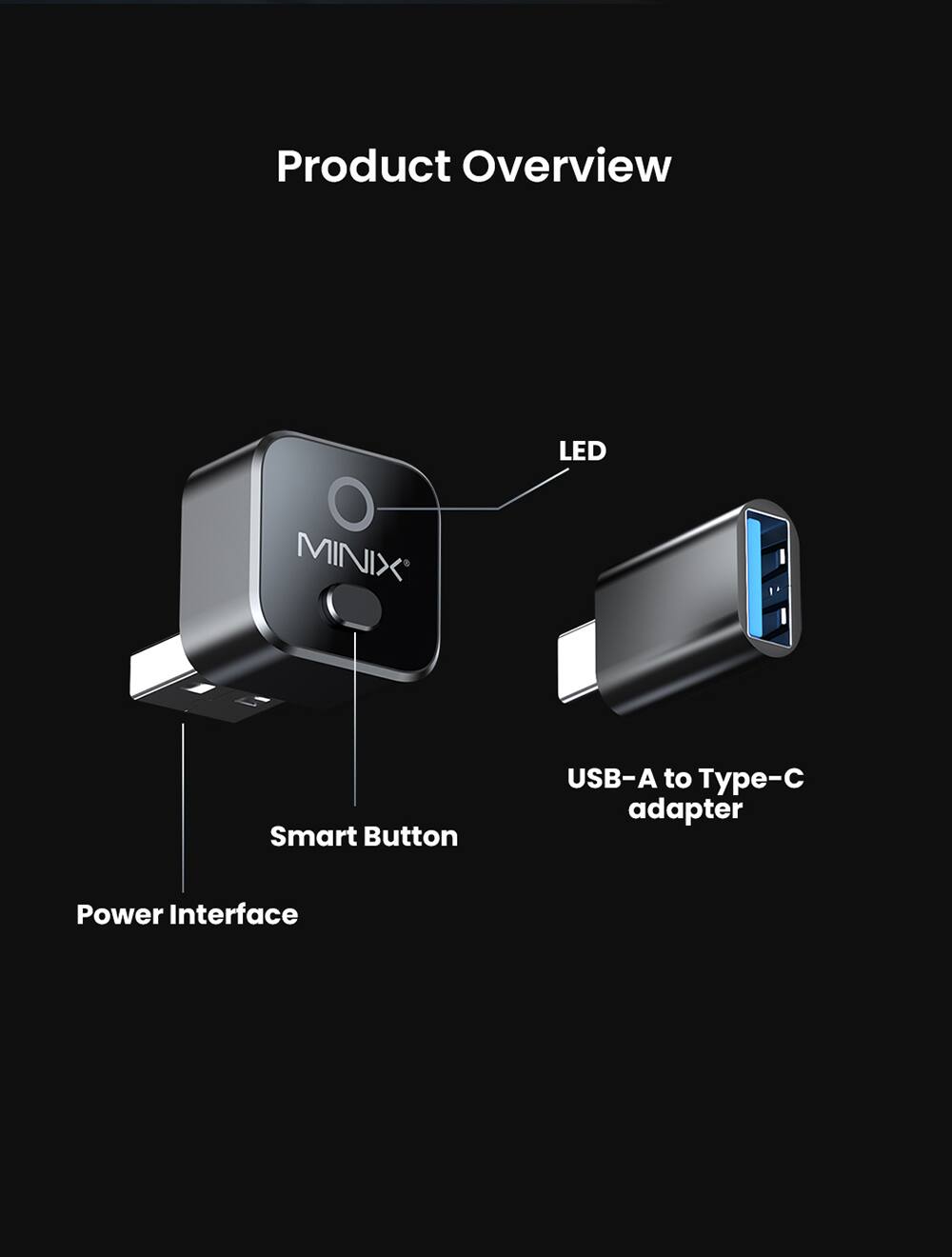 Product Overview

LED MINIX Smart Button USB-A to Type-C adapter

Power Interface