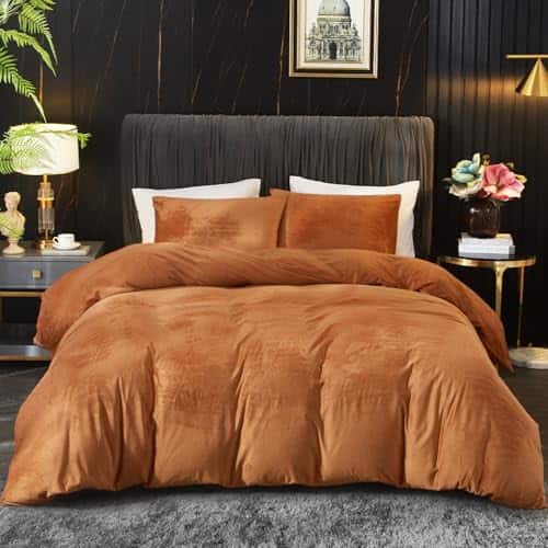 Cedar Assembly - Duvet Cover Queen Set 3pcs Ultra Soft Breathable Solid Luxury Flannel Velour Comforter With Zipper Closure - Brown Orange-Queen
