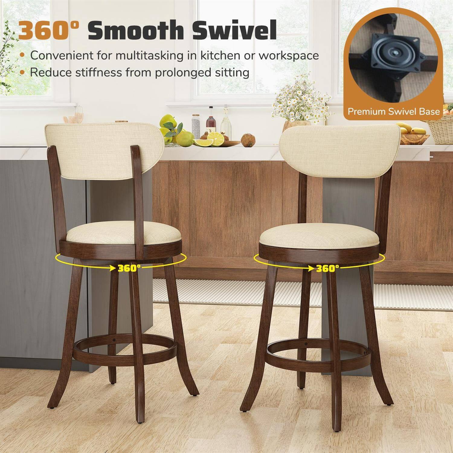 360° Smooth Swivel  
Convenient for multitasking in kitchen or workspace  
Reduce stiffness from prolonged sitting  

Premium Swivel Base
