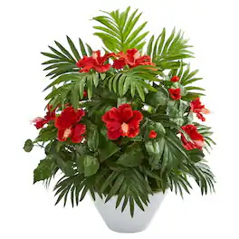 BreeBe - 27" Hibiscus and Areca Palm Artificial Plant in White Bowl - Green