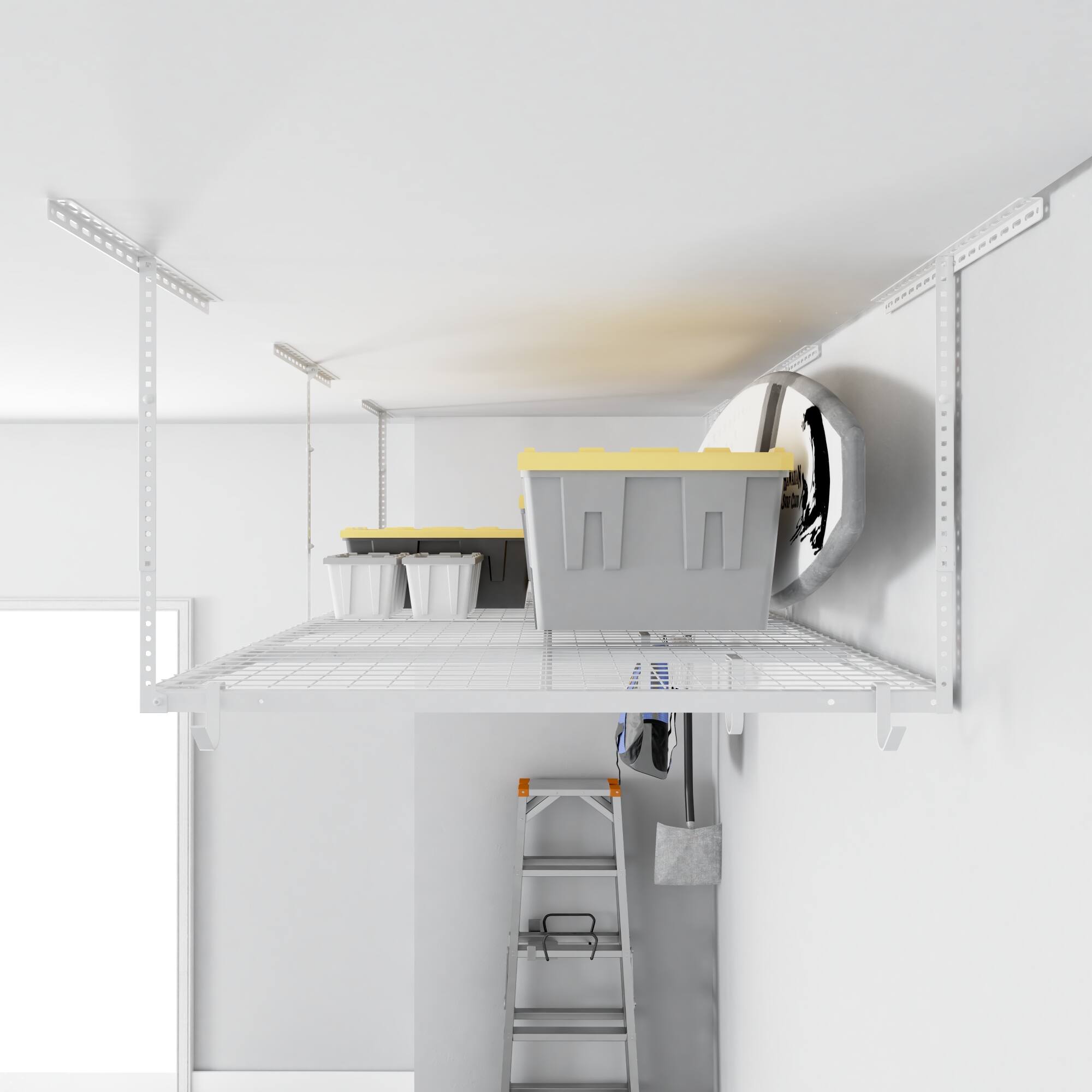 Alt View 7. Fleximounts - OHK Series 48 in. W x 96 in. D x 22-40 in. H Black Ceiling Mounted Overhead Garage Storage Rack with Accessory Hooks - White.