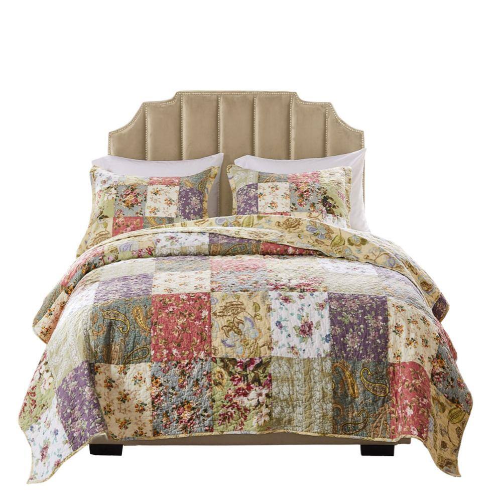 Front. Greenland Home Fashions - Greenland Home Fashion Blooming Prairie Quilt And Pillow Sham Set - 3 - Piece - Full/Queen 90x90", Multi - Multi.