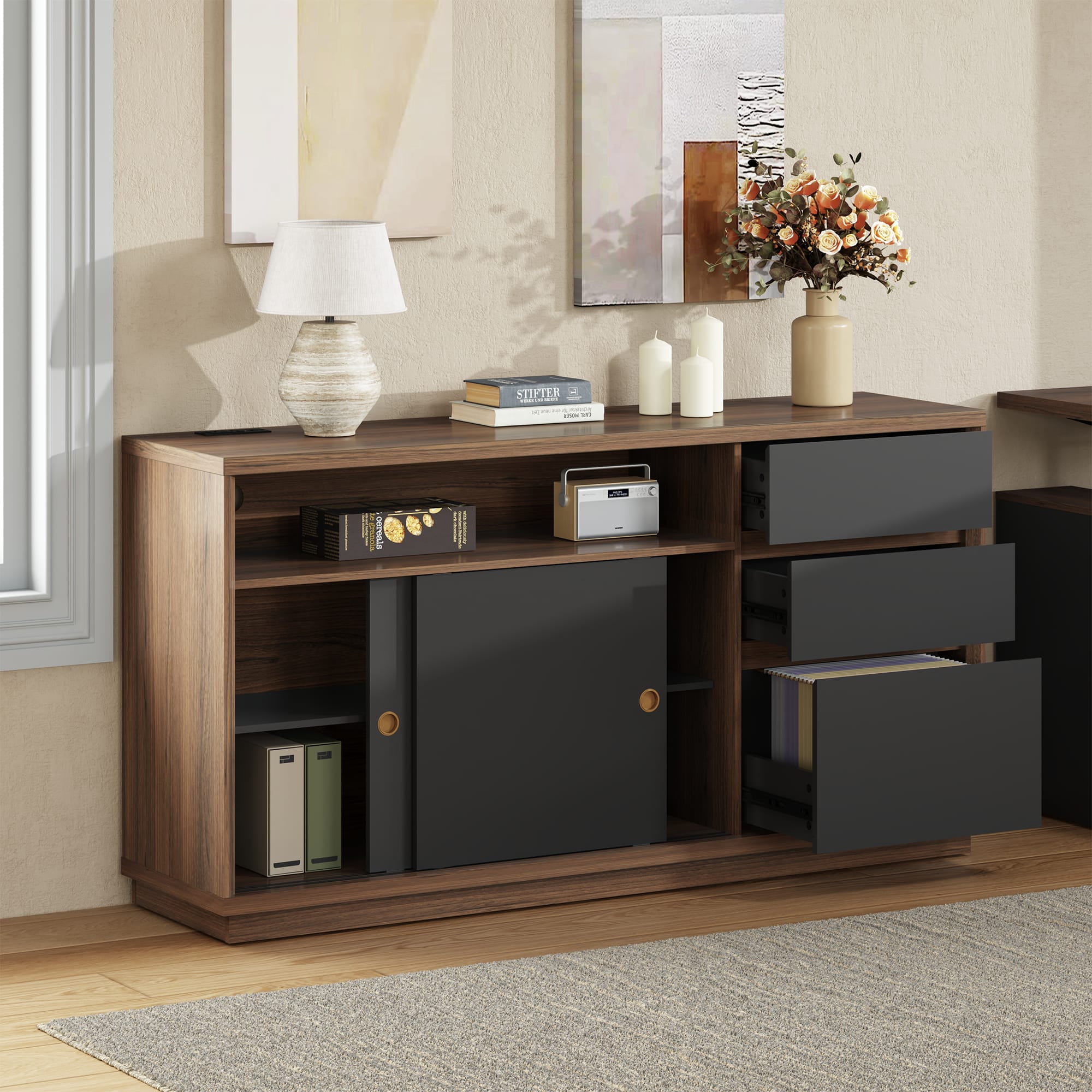 "ModernMate - 60"" File Cabinet with 3 Drawer, Large Storage Sideboard - Black Walnut" price history on PriceWatchPro