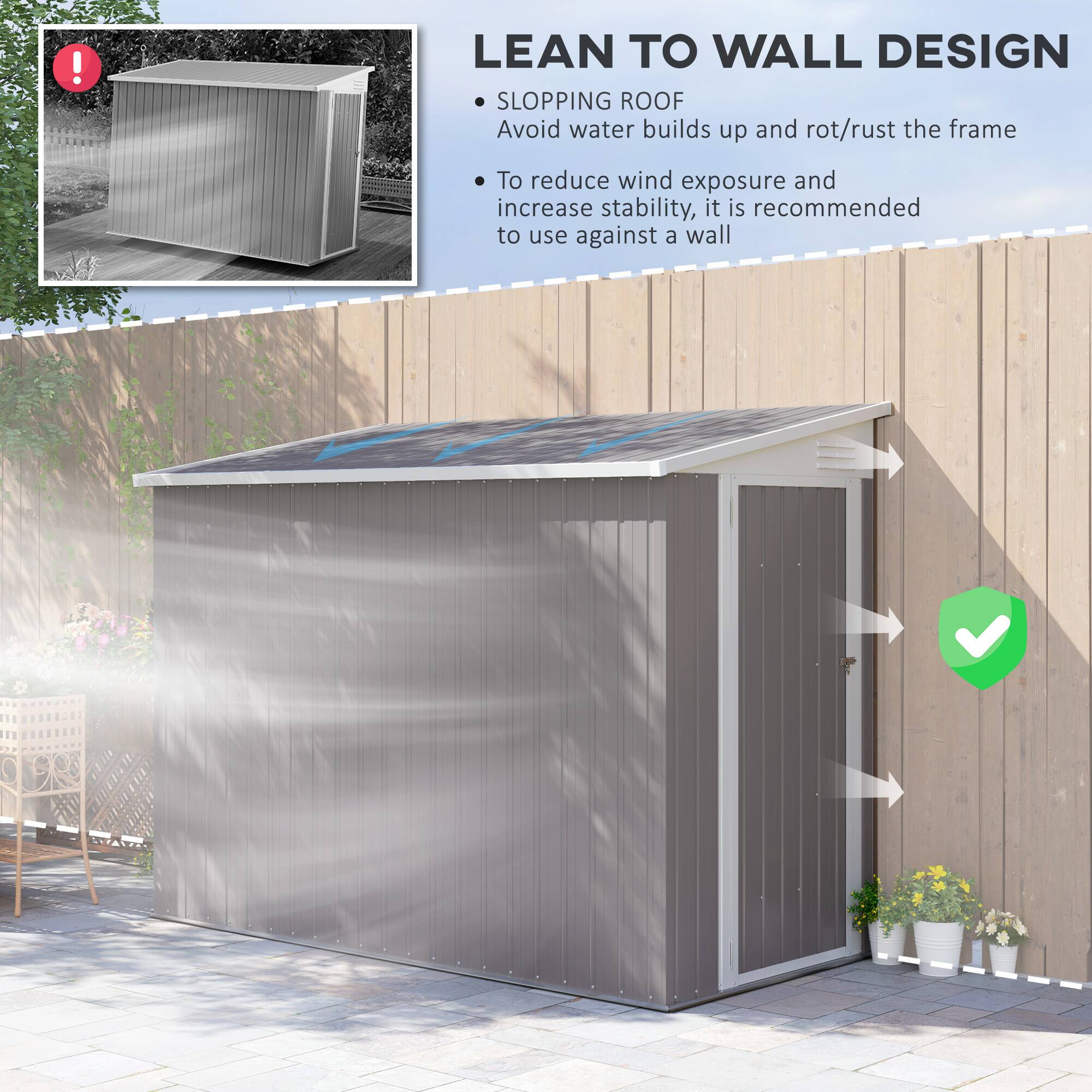 LEAN TO WALL DESIGN
SLOPPING ROOF
Avoid water builds up and rot/rust the frame
To reduce wind exposure and increase stability, it is recommended to use against a wall