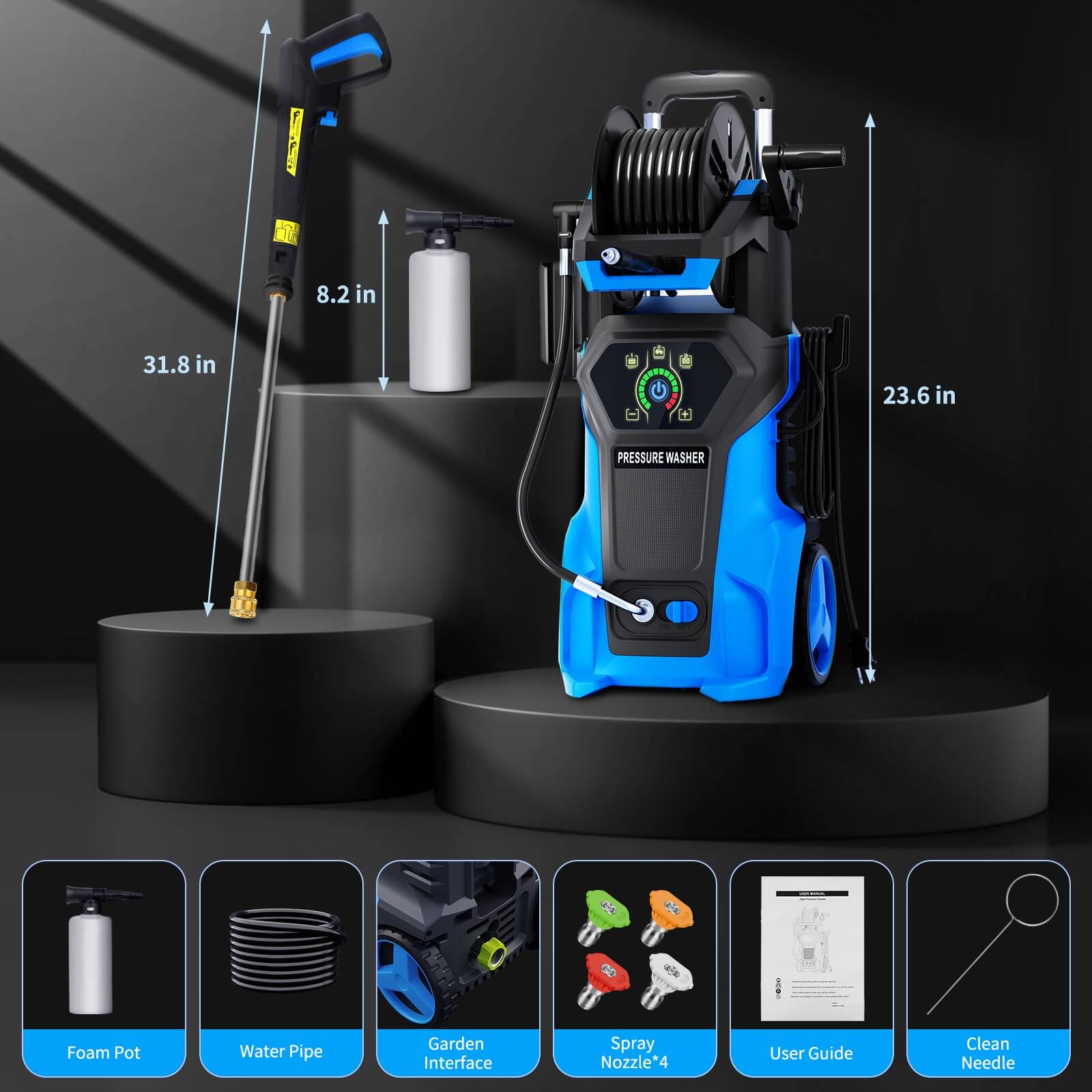 PRESSURE WASHER, Foam Pot, Water Pipe, Garden Interface, Spray Nozzle*4, User Guide, Clean Needle, 8.2 in, 31.8 in, 23.6 in
