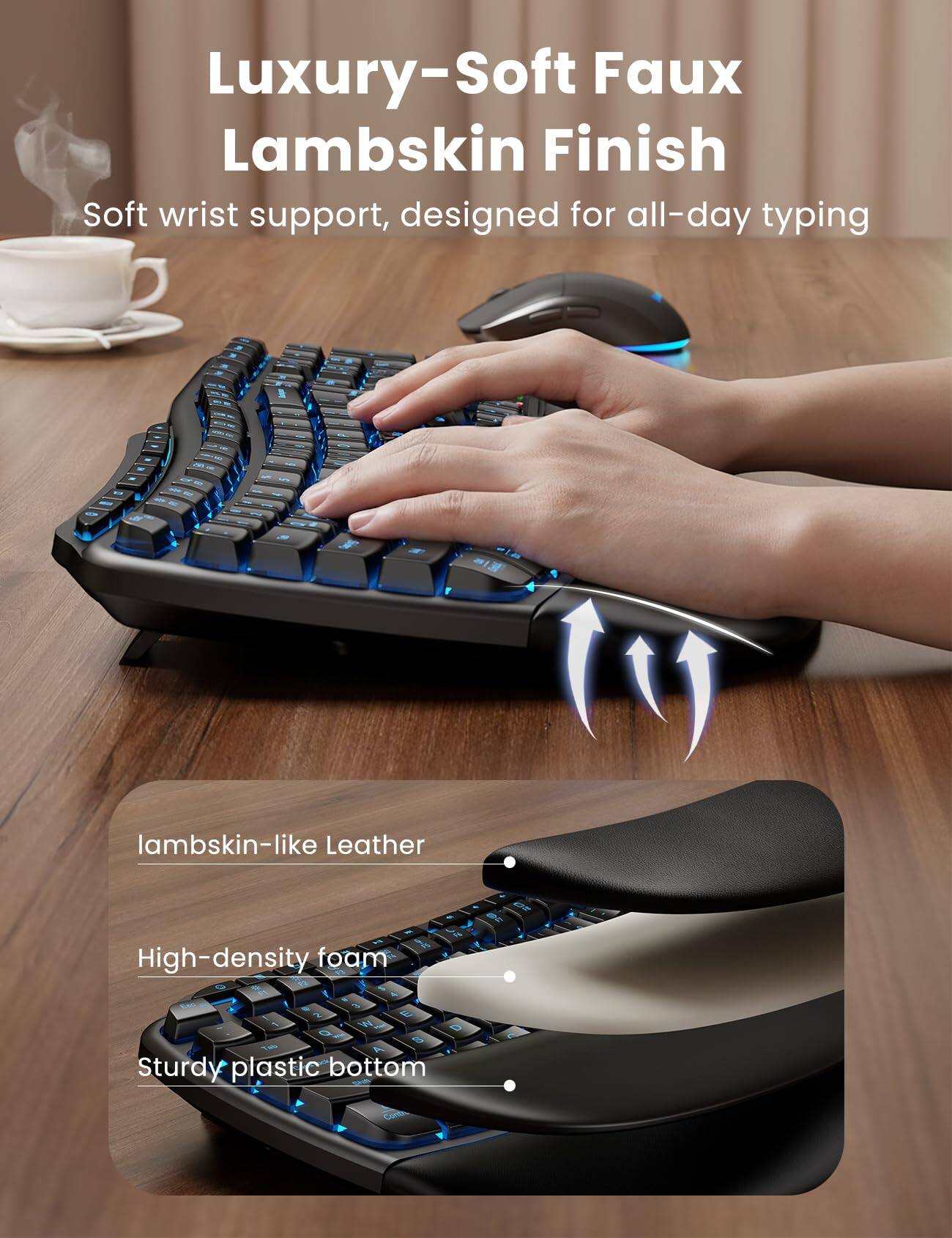 Luxury-Soft Faux Lambskin Finish  
Soft wrist support, designed for all-day typing  

1. lambskin-like Leather  
2. High-density foam  
3. Sturdy plastic bottom