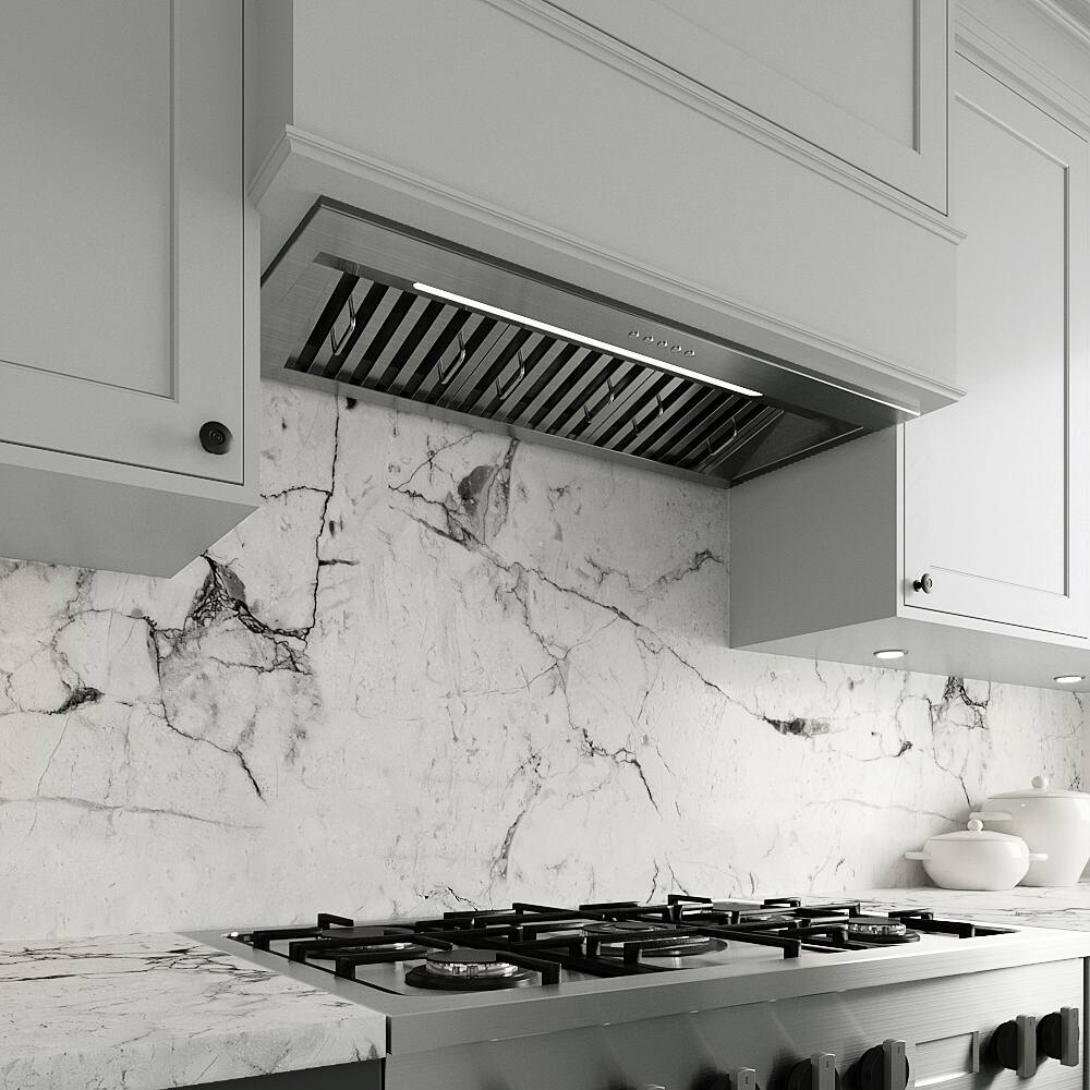 Back. Streamline - 34 in. Genoa Convertible 350 CFM Range Hood, Baffle Filters, Electronic Button Control, LED Light - Brushed Stainless Steel.