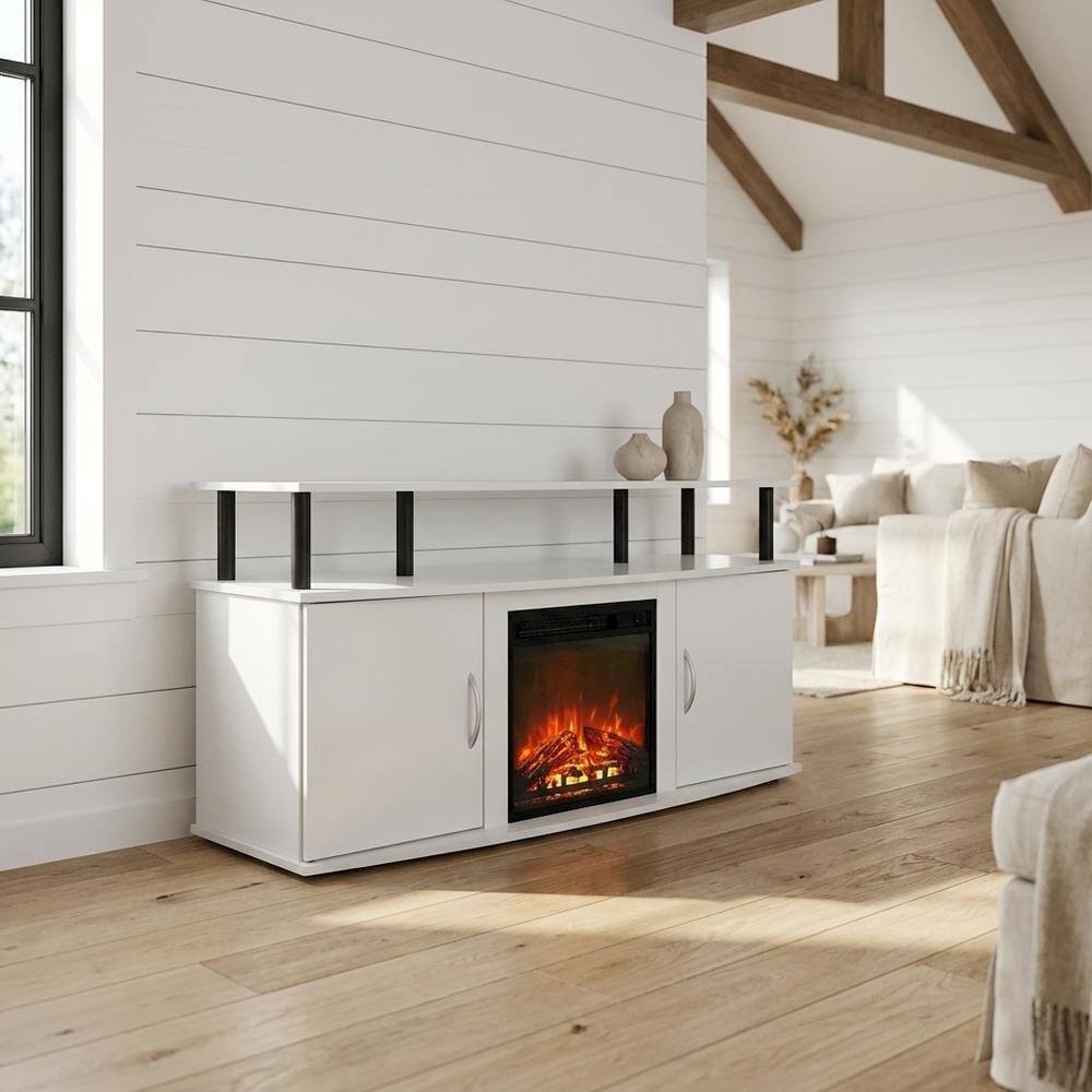 Back. FurniFact - White Fireplace TV Stand for Up to 55 Inch TVs with Open Shelf Storage - Plain White/Black.