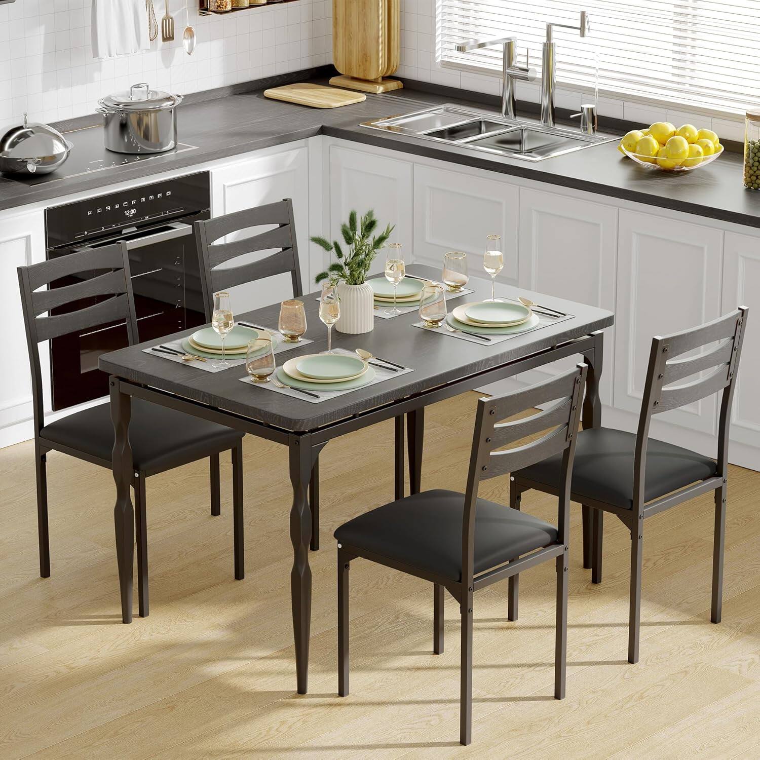 Front. Acekool - 5 Piece Dining Table Set, Industrial Style Dining Table and Chairs Set for 4, Kitchen Table Set - Black.