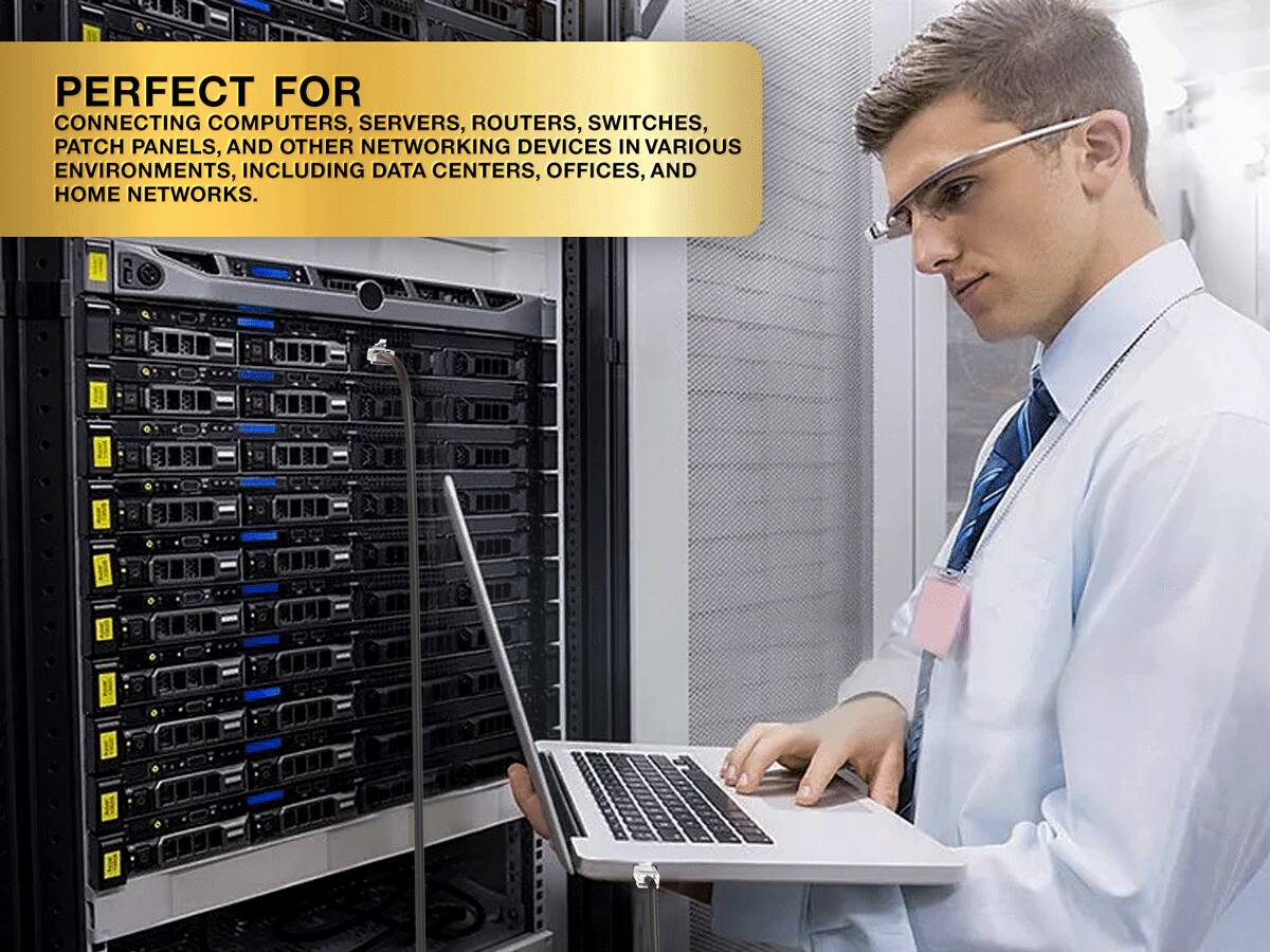 PERFECT FOR CONNECTING COMPUTERS, SERVERS, ROUTERS, SWITCHES, PATCH PANELS, AND OTHER NETWORKING DEVICES IN VARIOUS ENVIRONMENTS, INCLUDING DATA CENTERS, OFFICES, AND HOME NETWORKS.