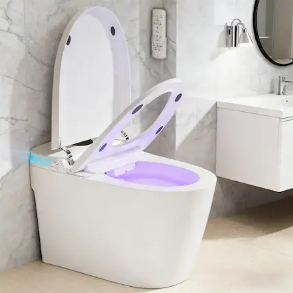 Front. Vipbear - Smart Toilet witn Instant Heating Auto Flush Rear & Feminine Wash Warm Air Dryer Blue LED Night Light - White.