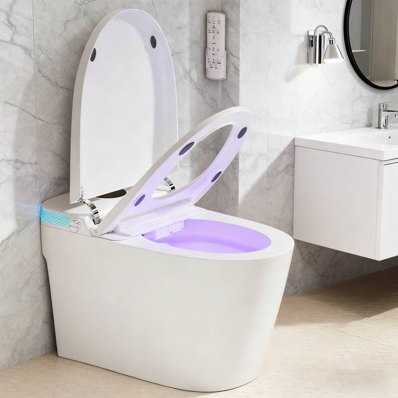 Front. Vipbear - Smart Toilet witn Instant Heating Auto Flush Rear & Feminine Wash Warm Air Dryer Blue LED Night Light - White.