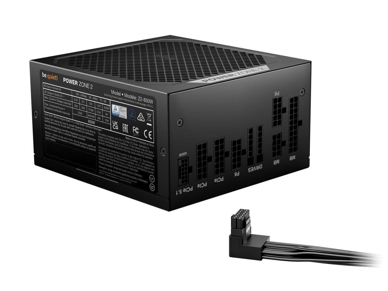 be quiet! POWER ZONE 2  
Model: Z-850W  
Supply Model: 22-850W  

AC Input: 100-240V~ 50/60Hz  
DC Output: +12V, +5V, +3.3V, -12V, -5V  
Max. Current: +12V: 62.5A, +5V: 20A, +3.3V: 20A, -12V: 0.5A, -5V: 0.5A  
Max. Combined Power: 850W  

FC CE  
Made in China  
Designed in Germany  

be quiet!  
POWER ZONE 2  
Model: Z-850W  
Supply Model: 22-850W  

AC Input: 100-240V~ 50/60Hz  
DC Output: +12V, +5V, +3.3V, -12V, -5V  
Max. Current: +12V: 62.5A, +5V: