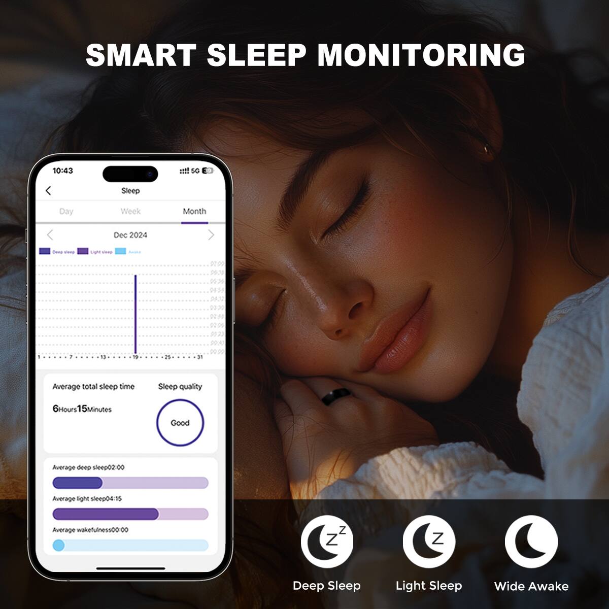 SMART SLEEP MONITORING

10:43

Sleep

Day Week Month

Dec 2024

Average total sleep time
6 Hours 15 Minutes

Sleep quality
Good

Average deep sleep 02:00

Average light sleep 04:15

Average wakefulness 00:00

Deep Sleep Light Sleep Wide Awake