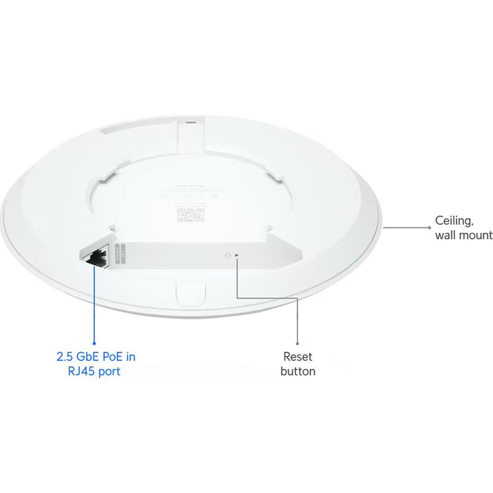 Ceiling, wall mount
2.5 GbE PoE in RJ45 port
Reset button